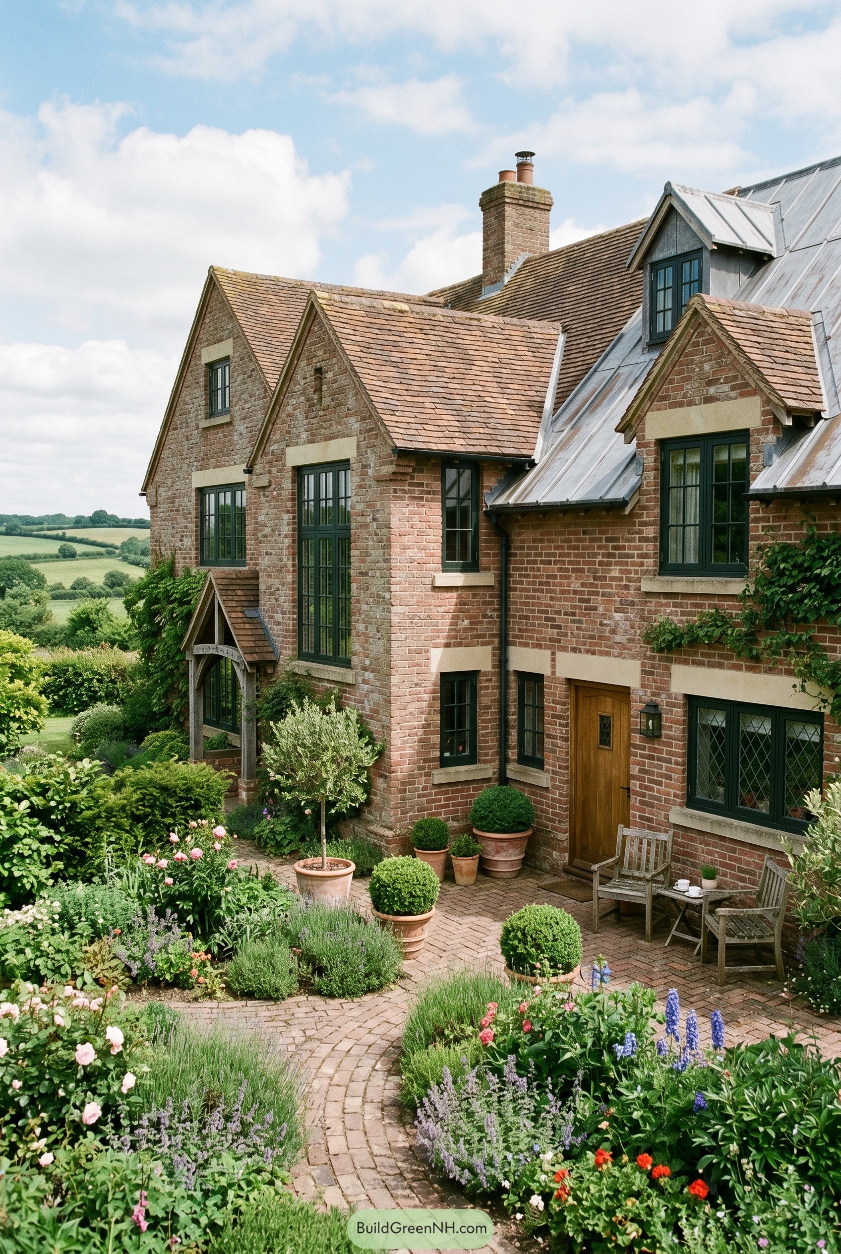 Brick farmhouse with gabled roofs and garden patio