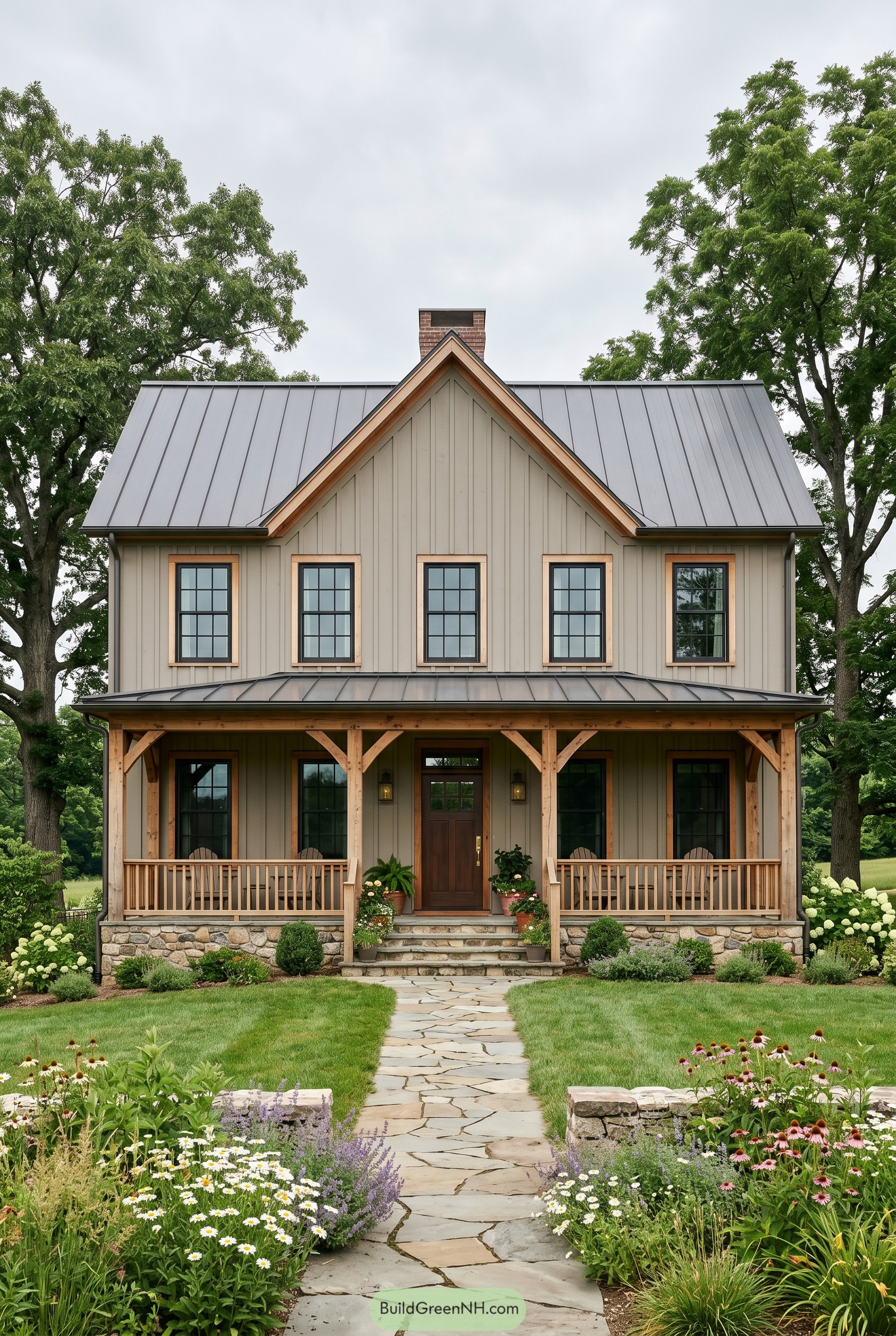 Modern rustic farmhouse with metal roof and timber porch