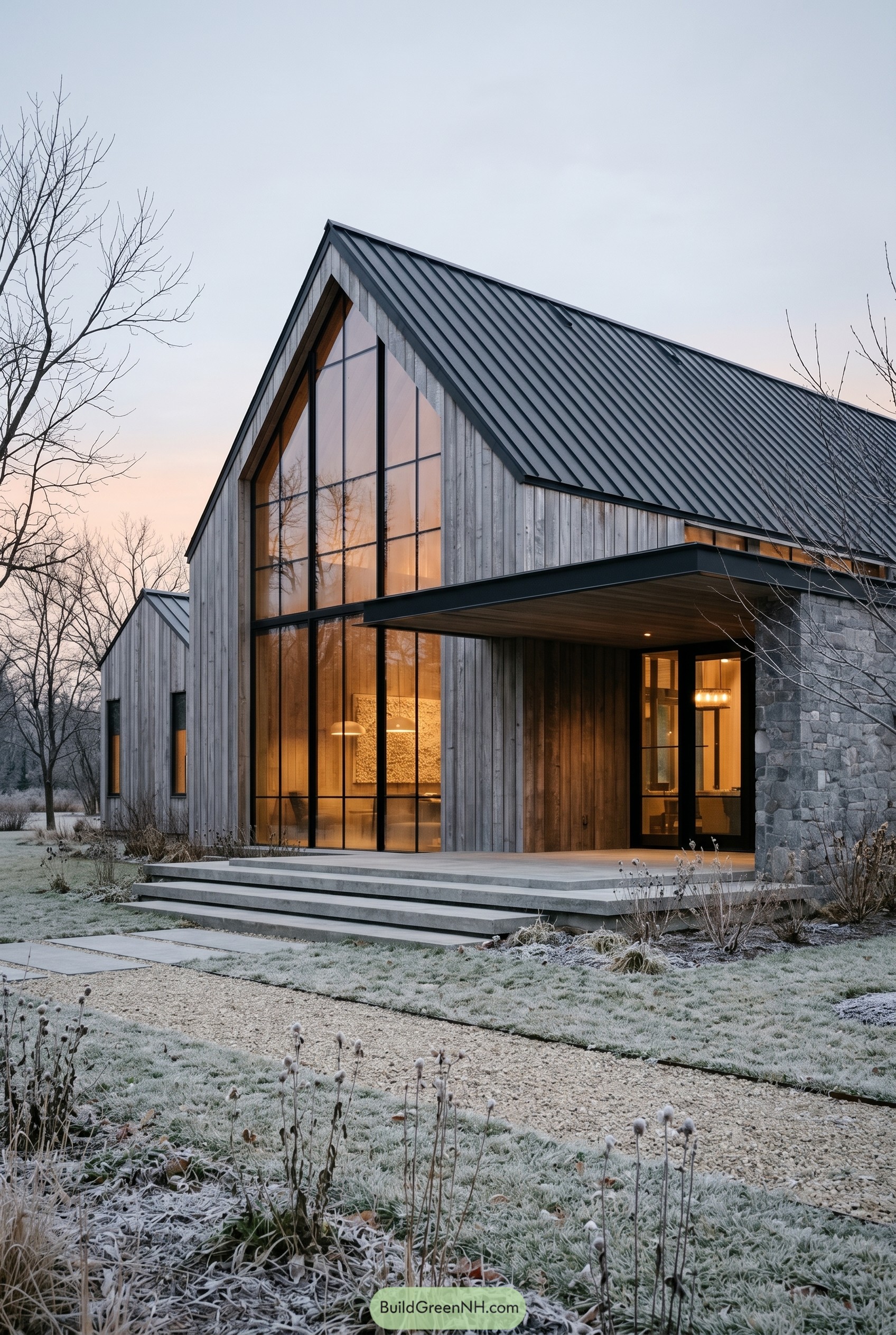 Modern farmhouse with soaring gable window and metal roof
