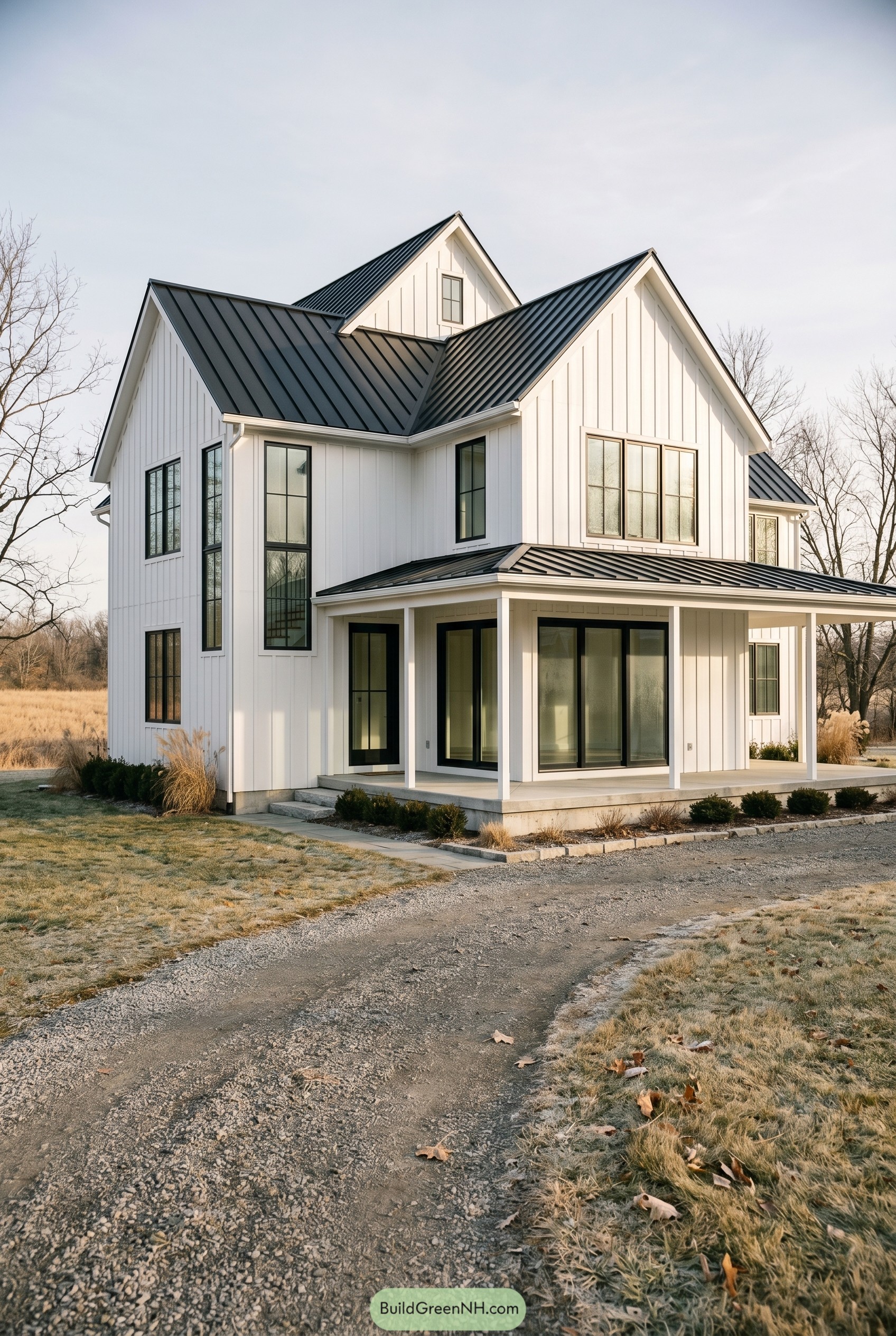 White farmhouse with black metal roof