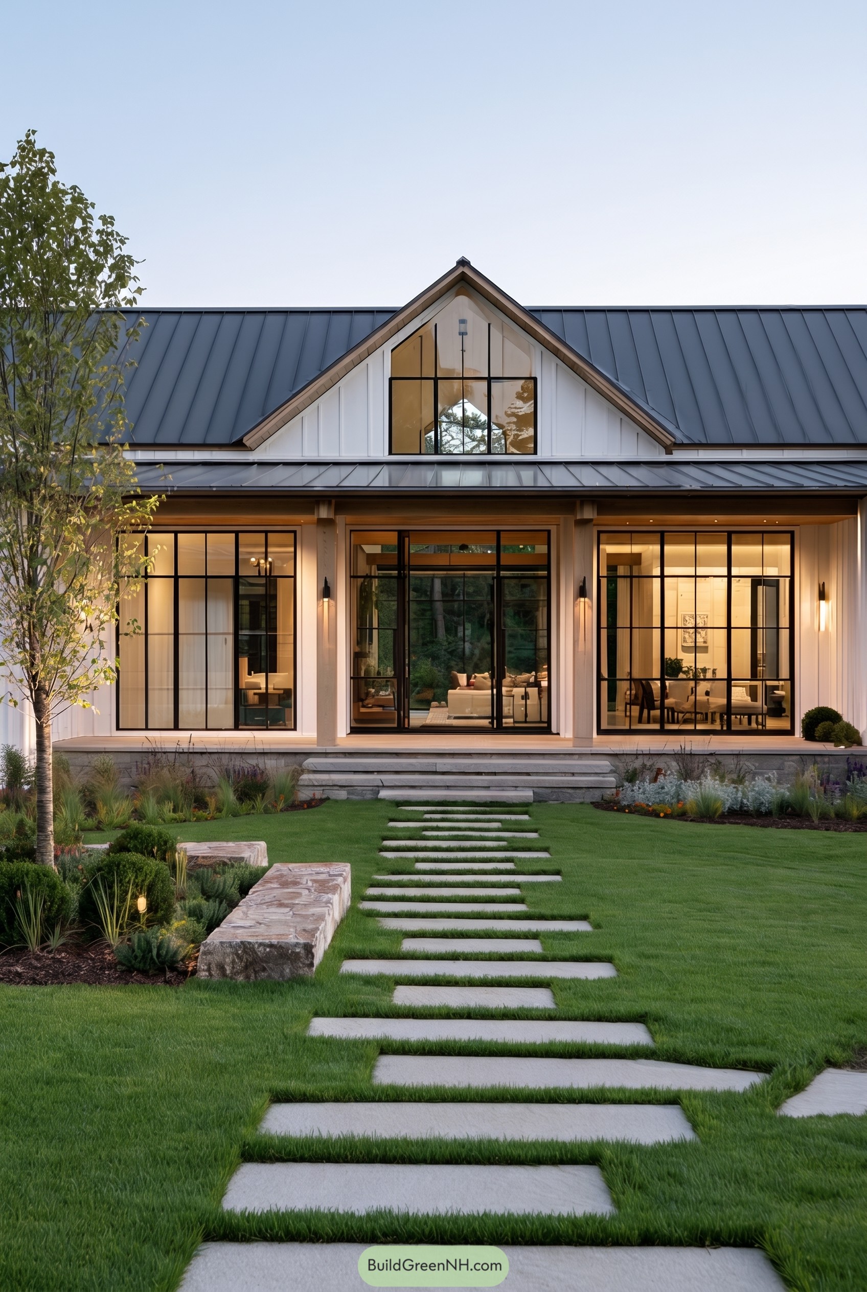 Modern white farmhouse with black metal roof and grid windows