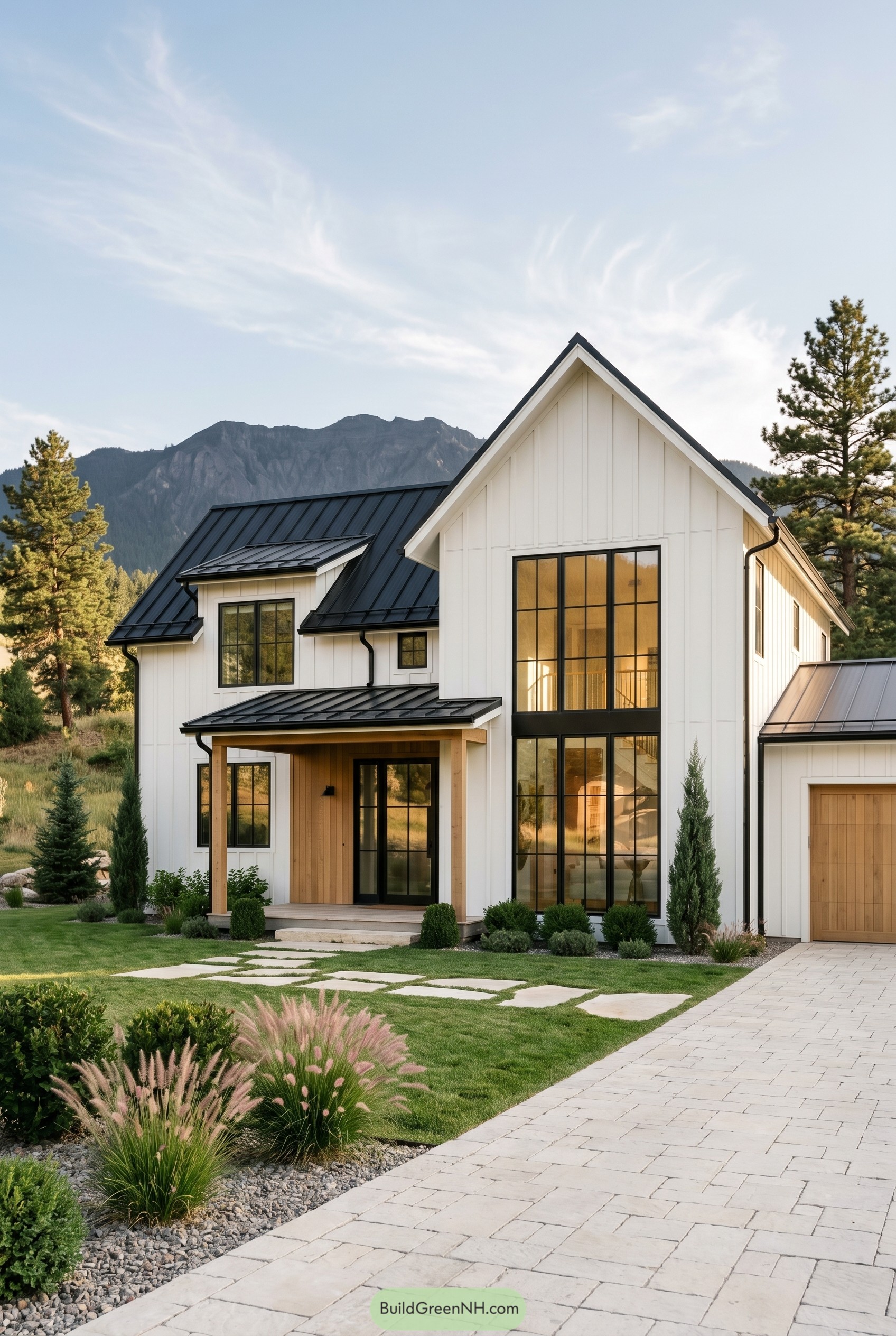White modern farmhouse with black metal roof and tall grid windows