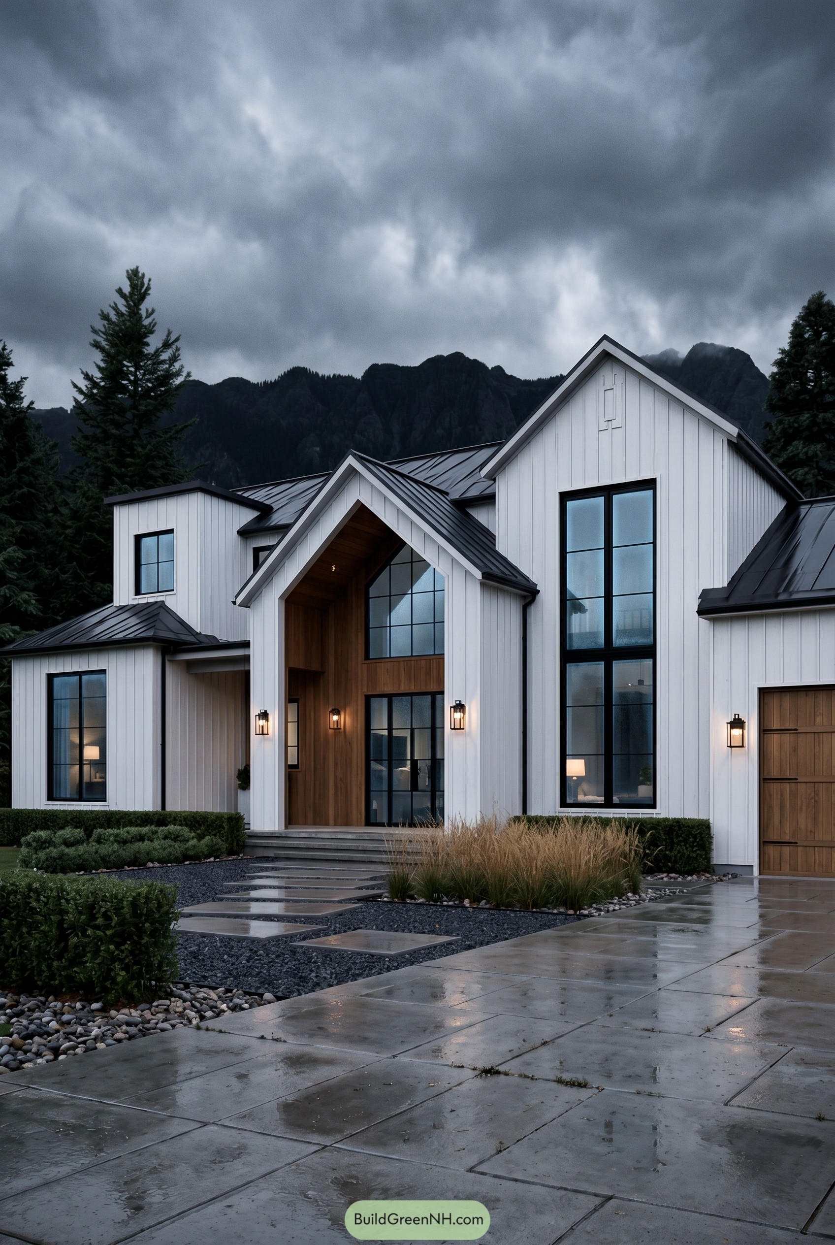 White modern farmhouse with black roof and tall windows