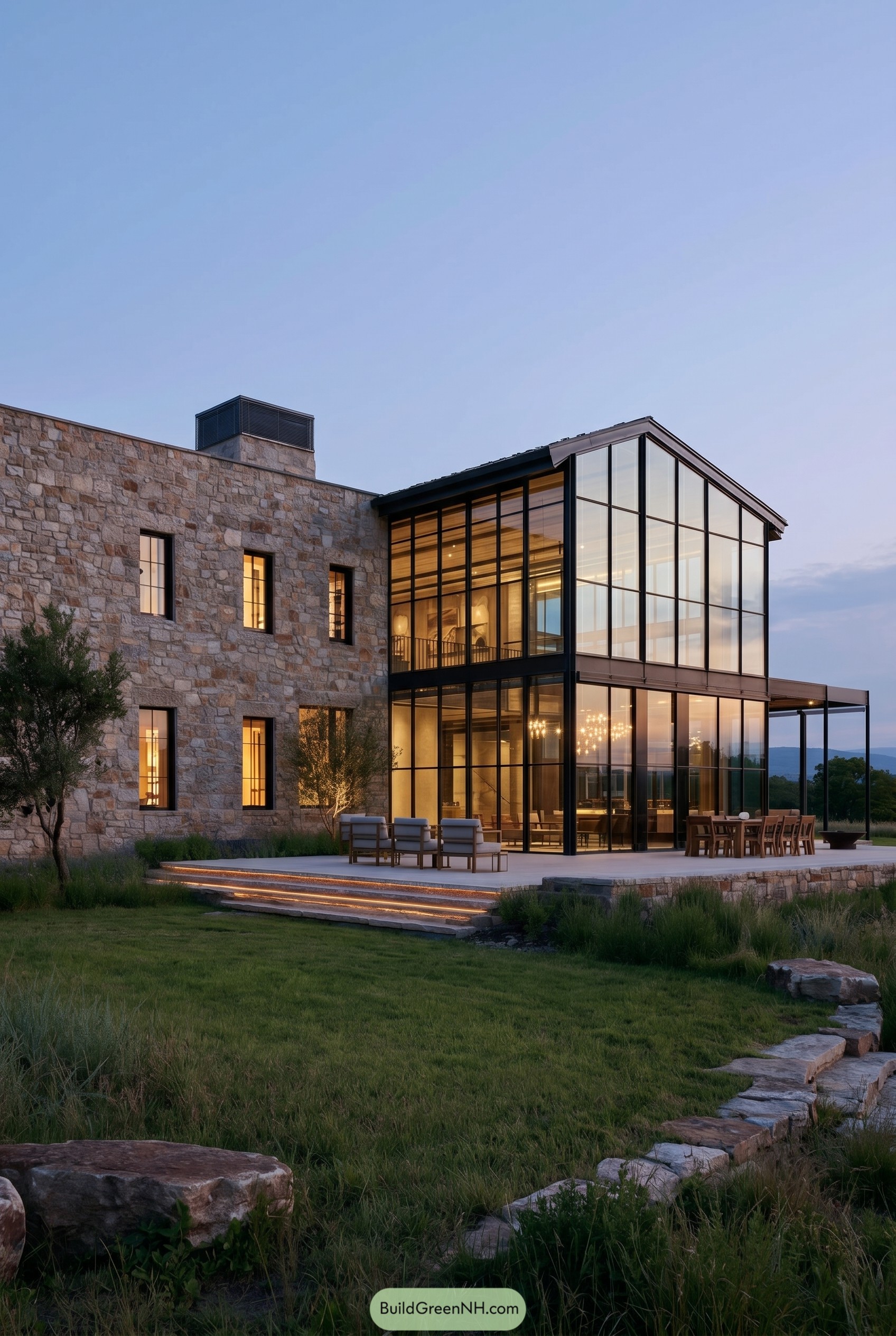 Stone farmhouse with tall glass gable wing