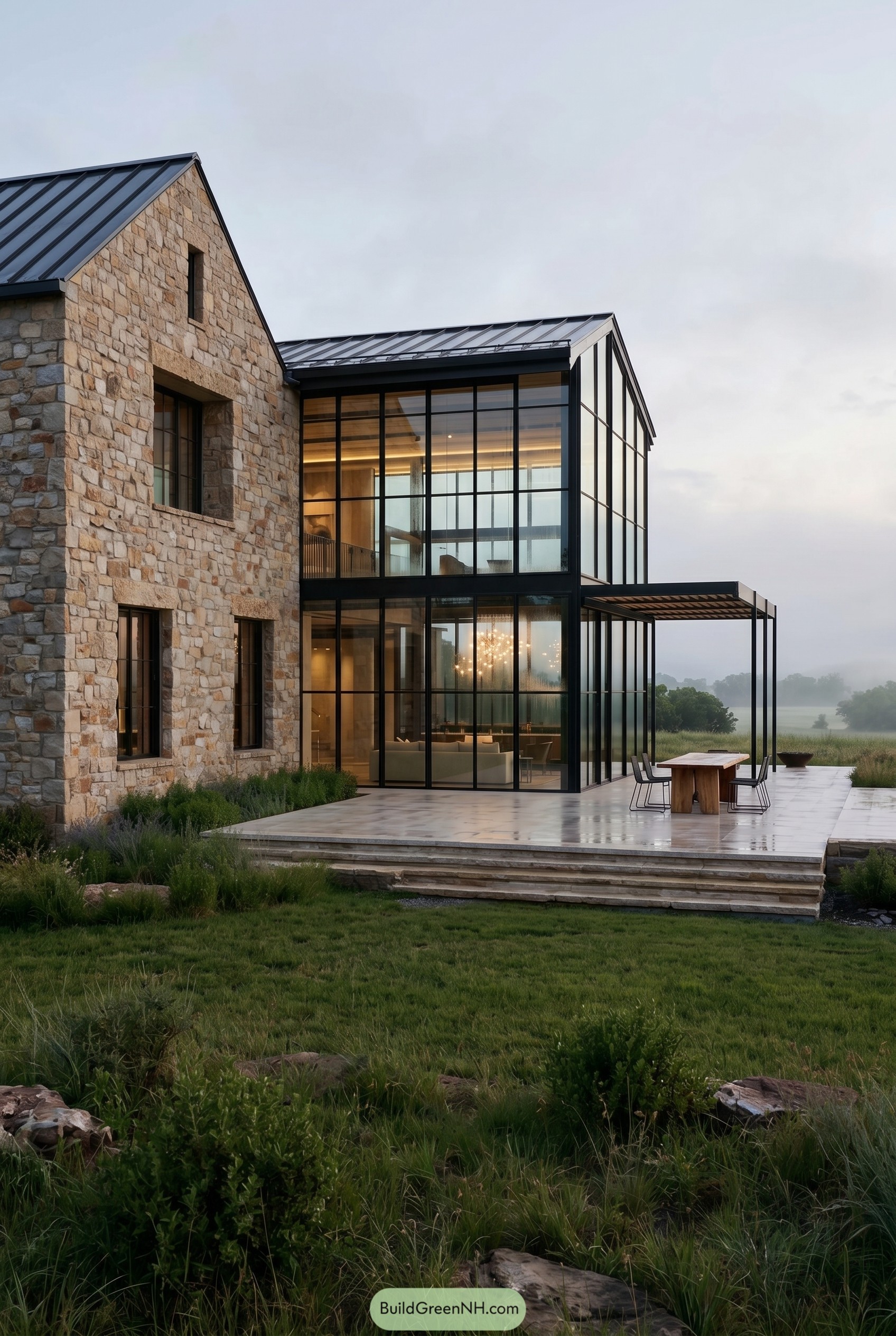 Stone farmhouse with glass pavilion and patio