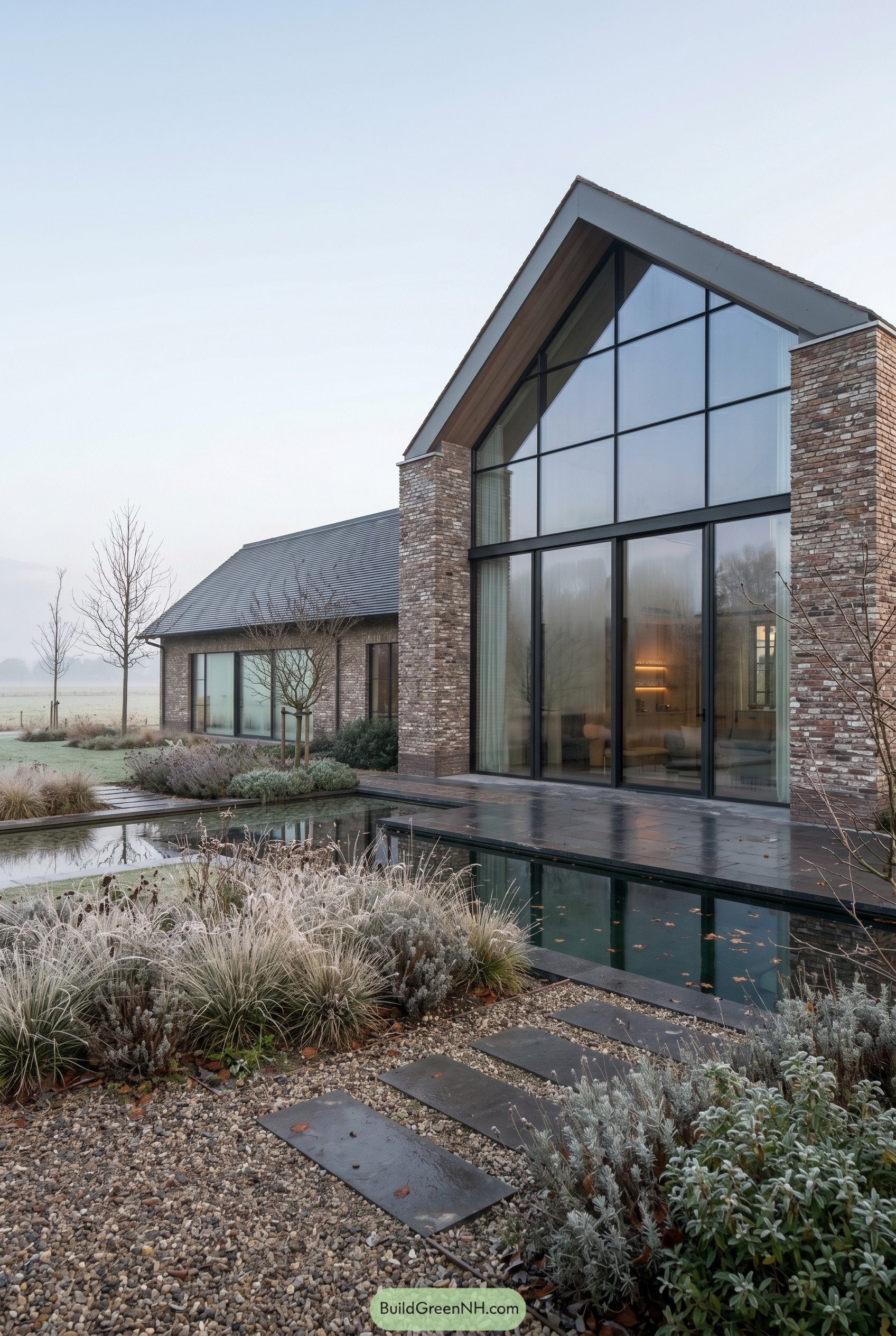 Modern brick farmhouse with glazed gable and reflecting pool