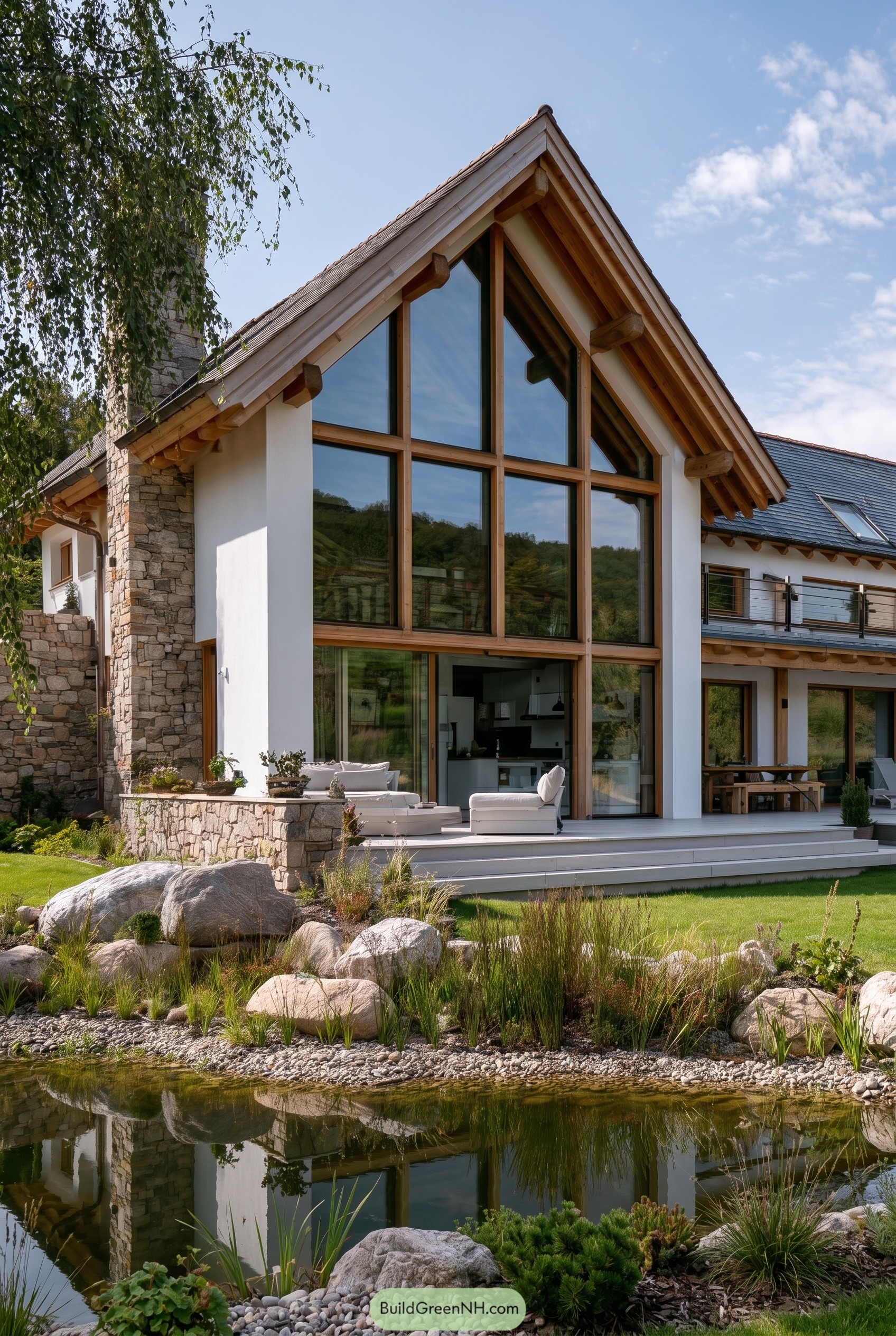 Modern white farmhouse with a glazed gable beside a pond