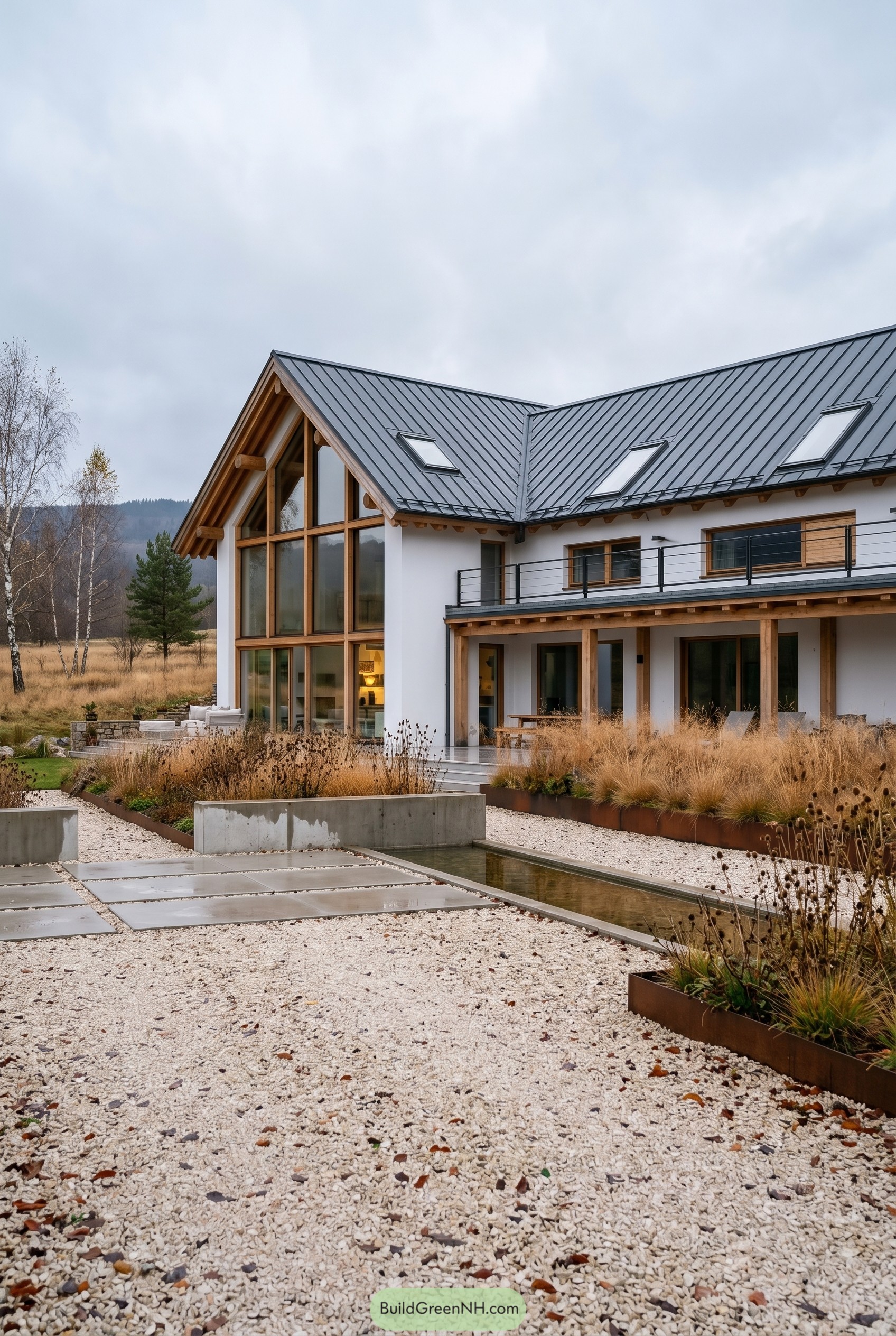 Modern white farmhouse with timber gable and reflecting pool