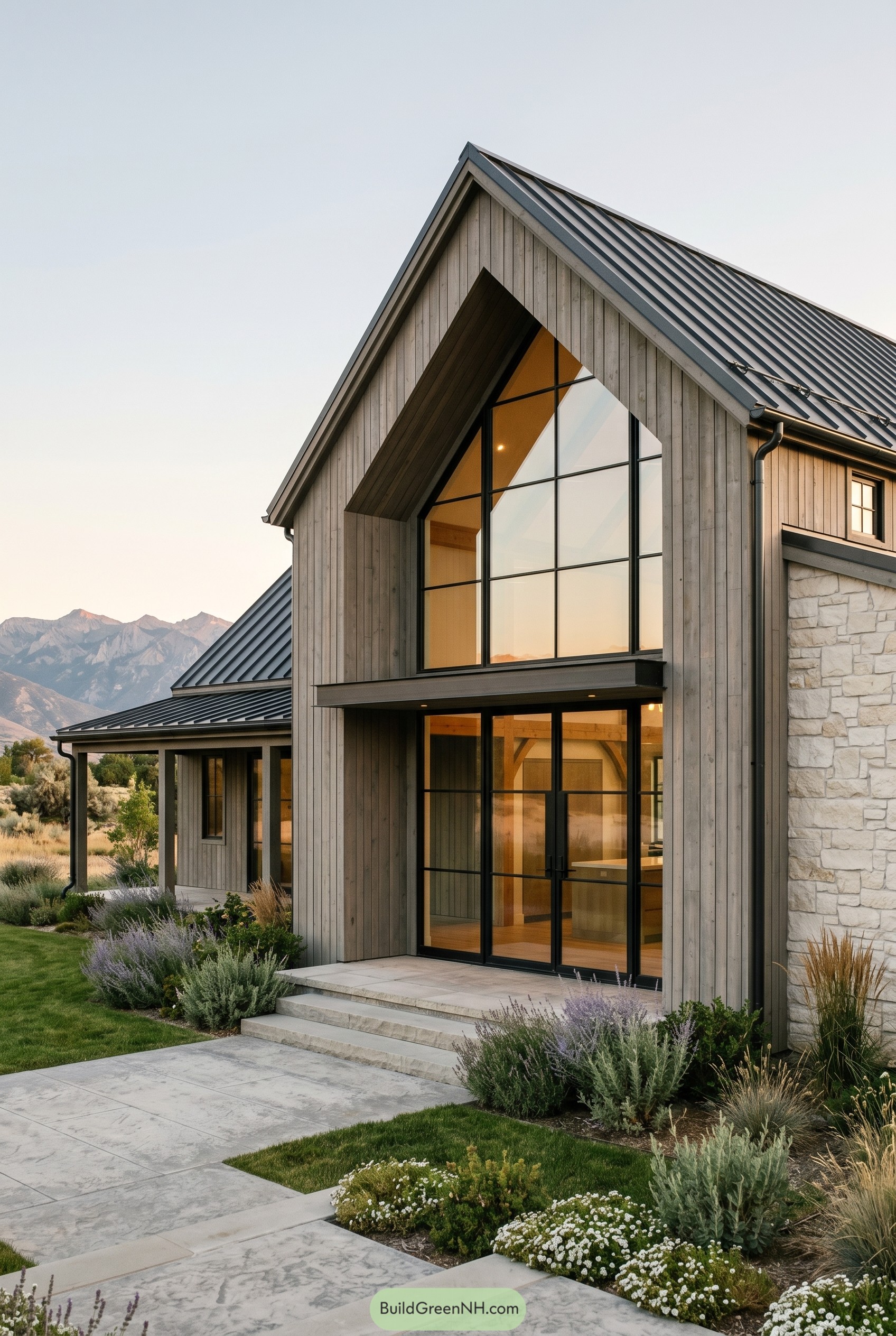 Modern farmhouse with tall gable window and metal roof