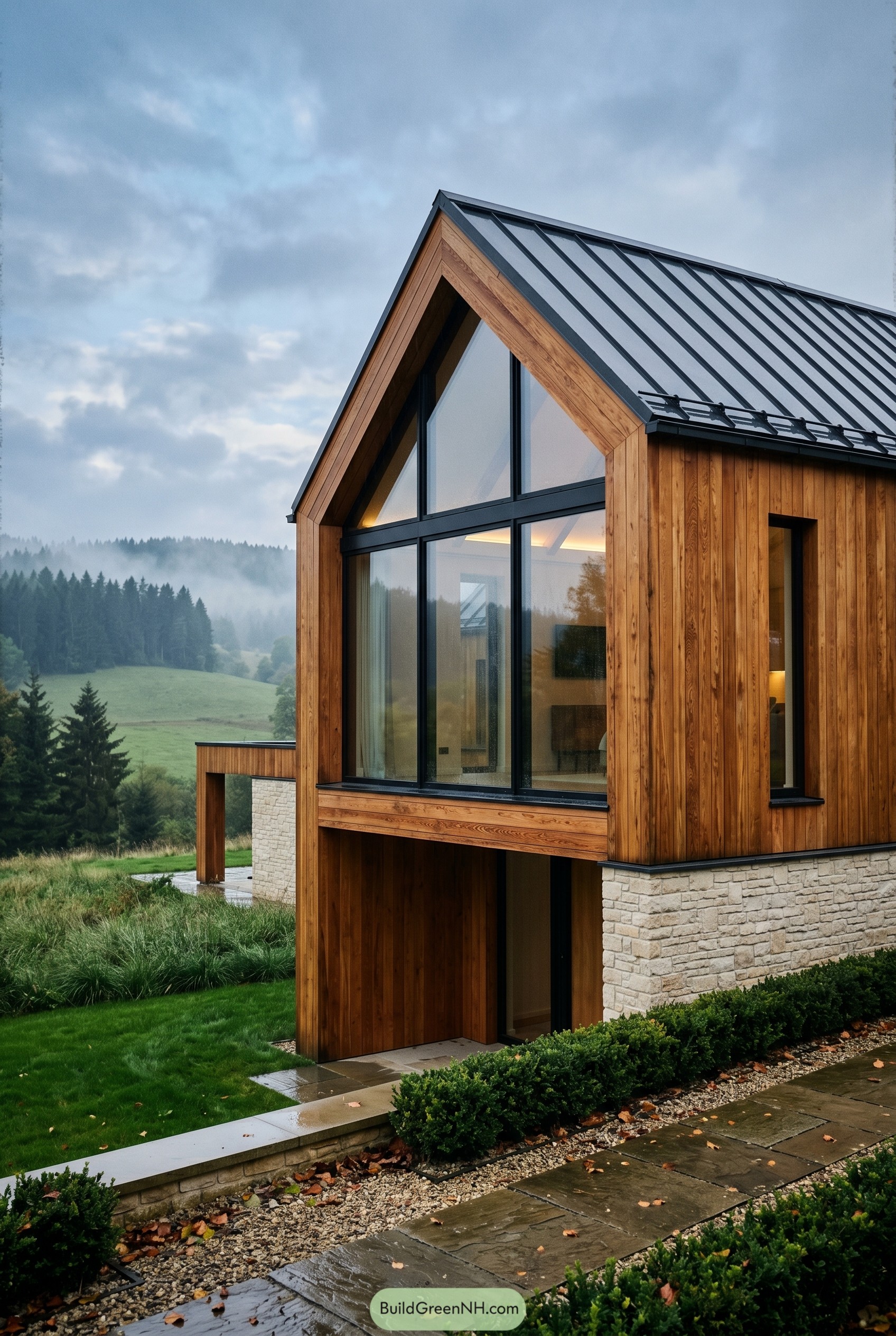 Modern timber farmhouse with gabled glass facade