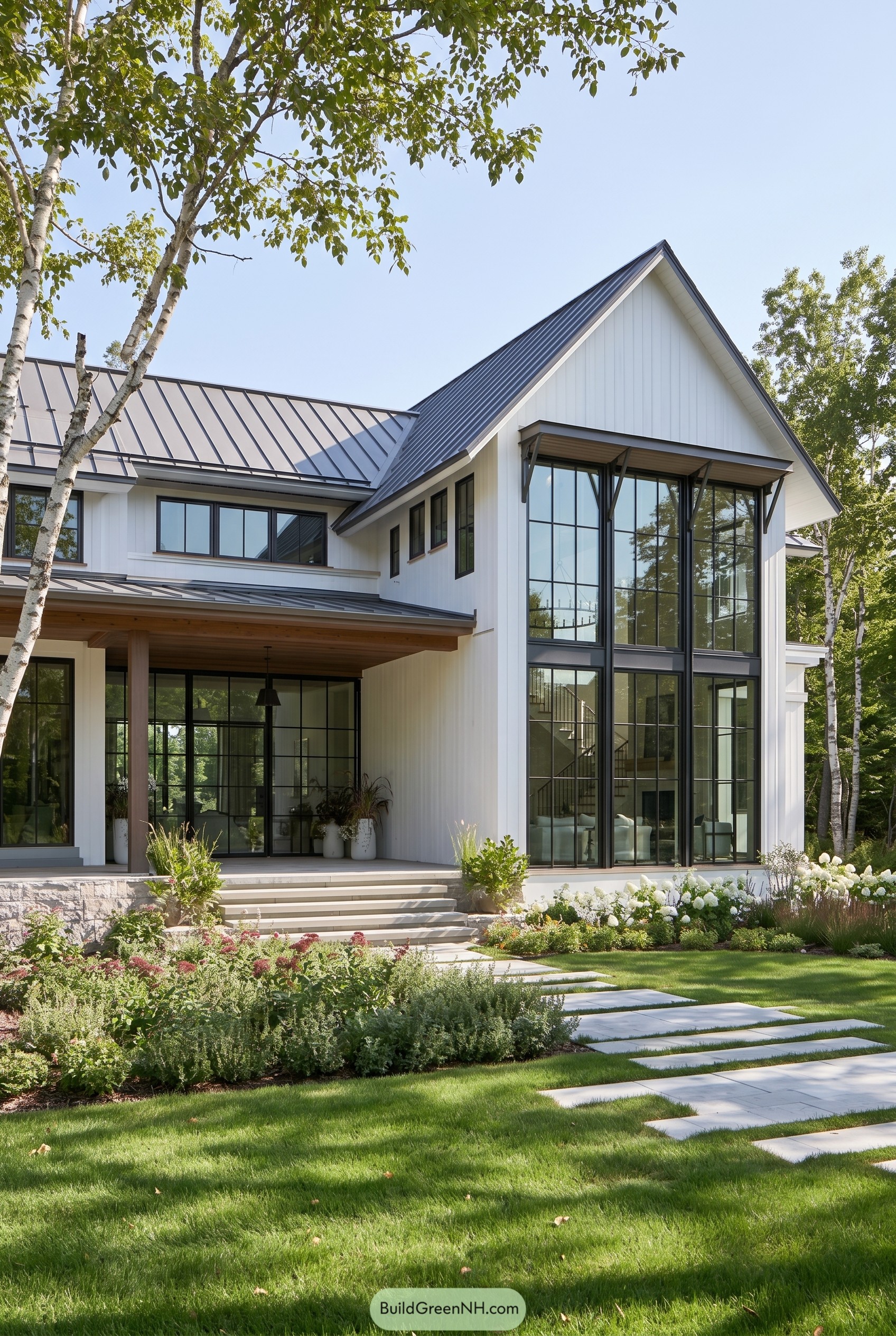 White farmhouse with tall black framed windows
