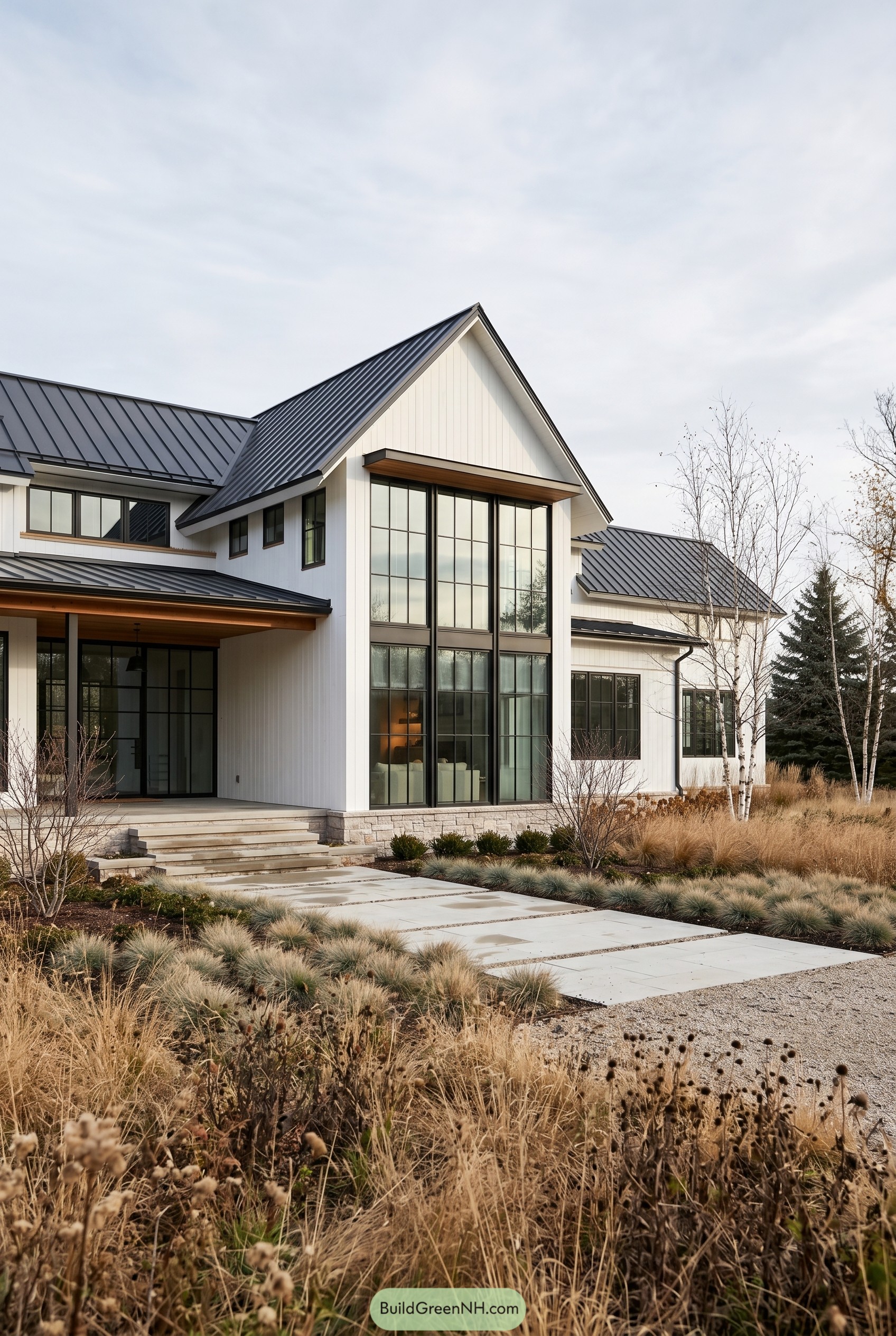 White farmhouse with tall black grid windows