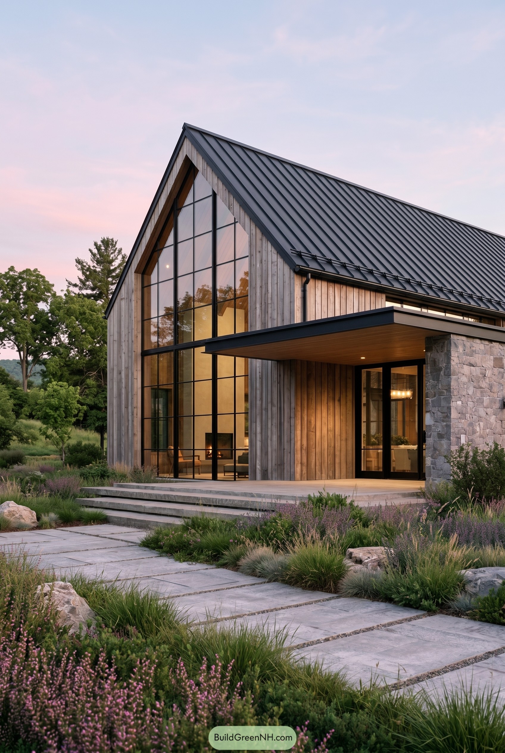Modern farmhouse with tall gable glass wall