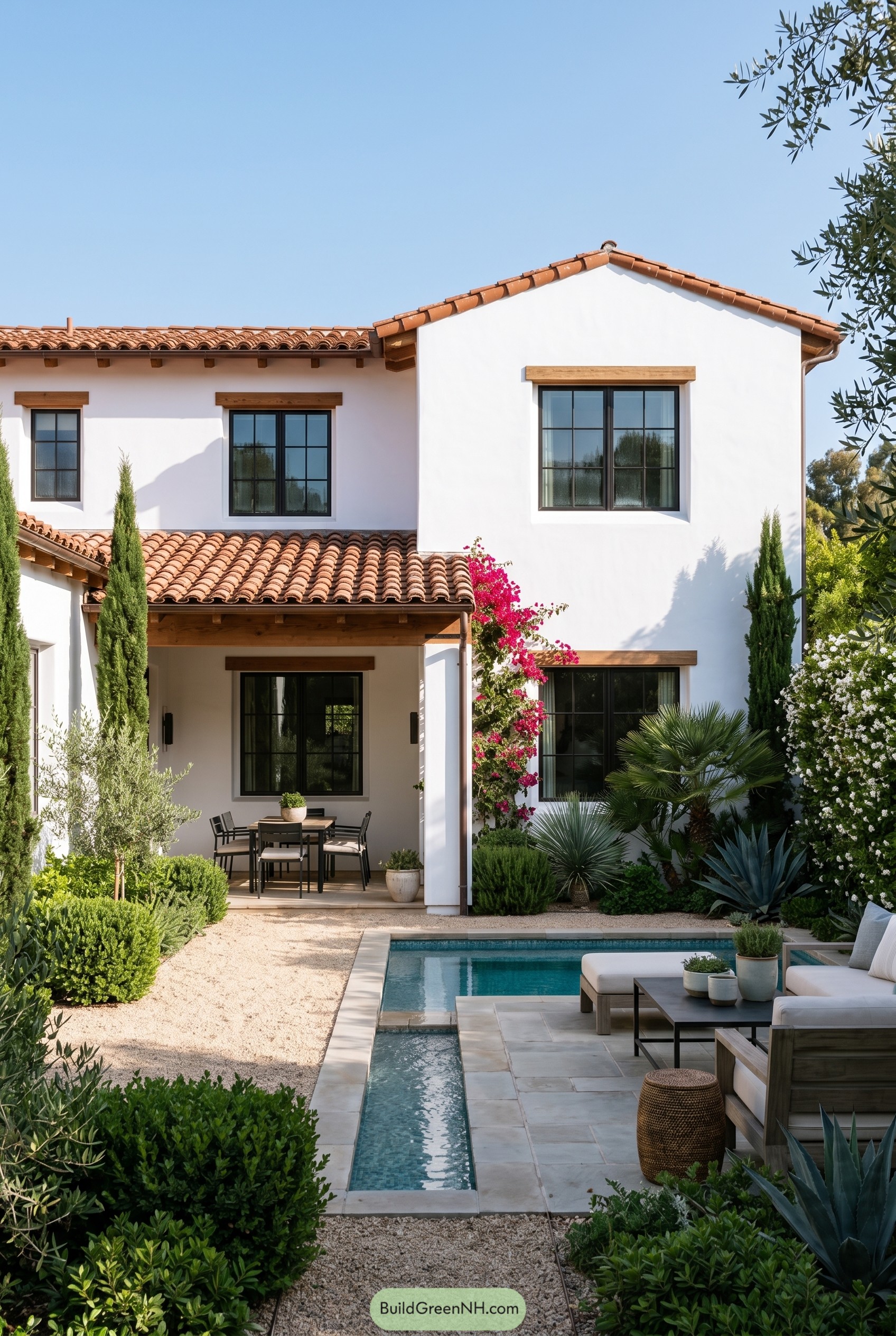 White Spanish Mediterranean house with narrow courtyard pool