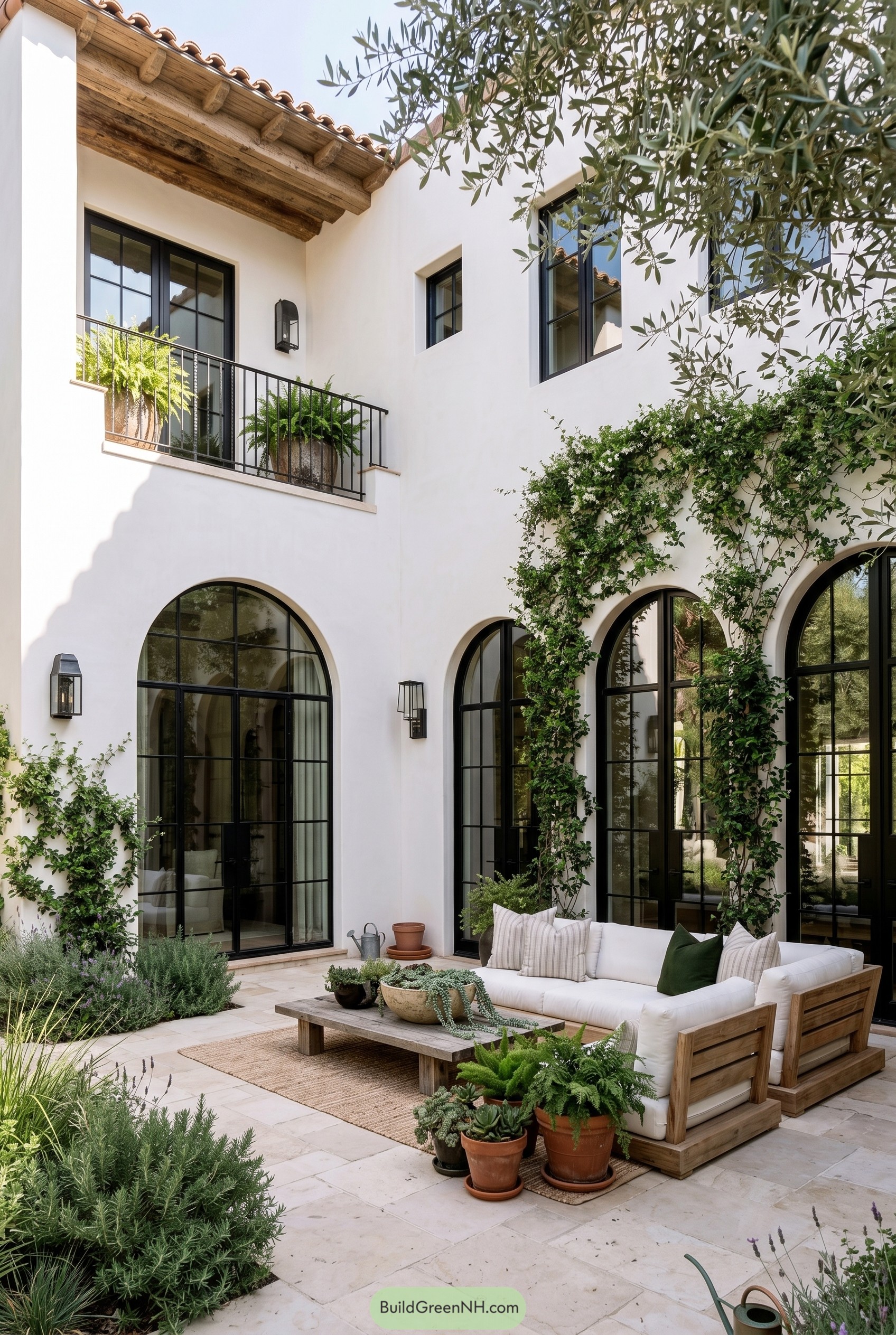 White stucco courtyard with arched black doors and vines