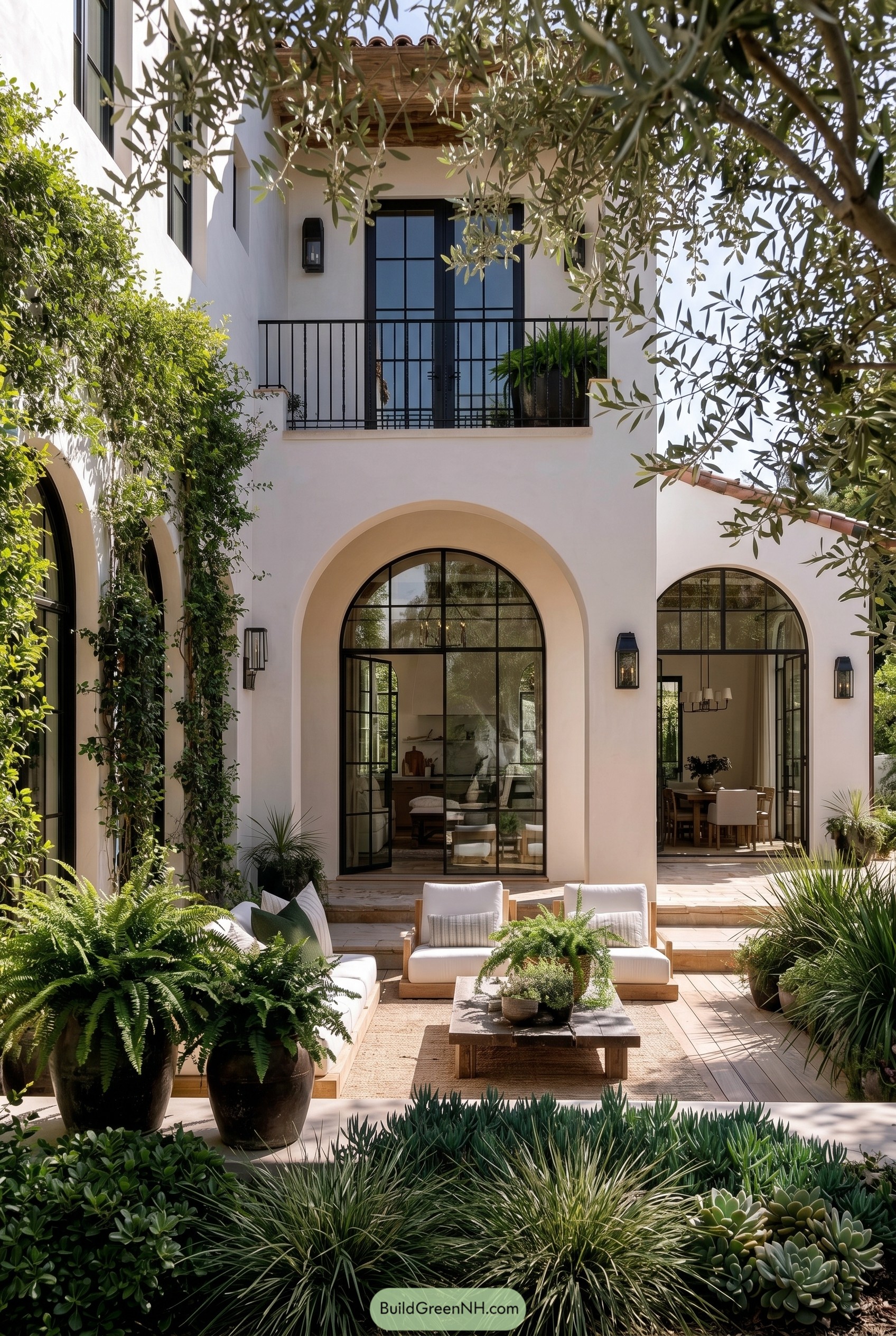 White stucco courtyard with arches and lounge seating