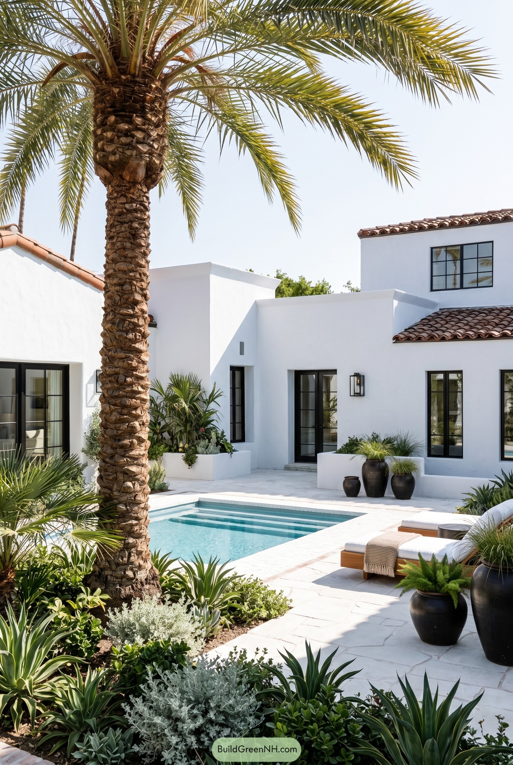 White stucco Spanish Mediterranean courtyard with plunge pool and palm tree