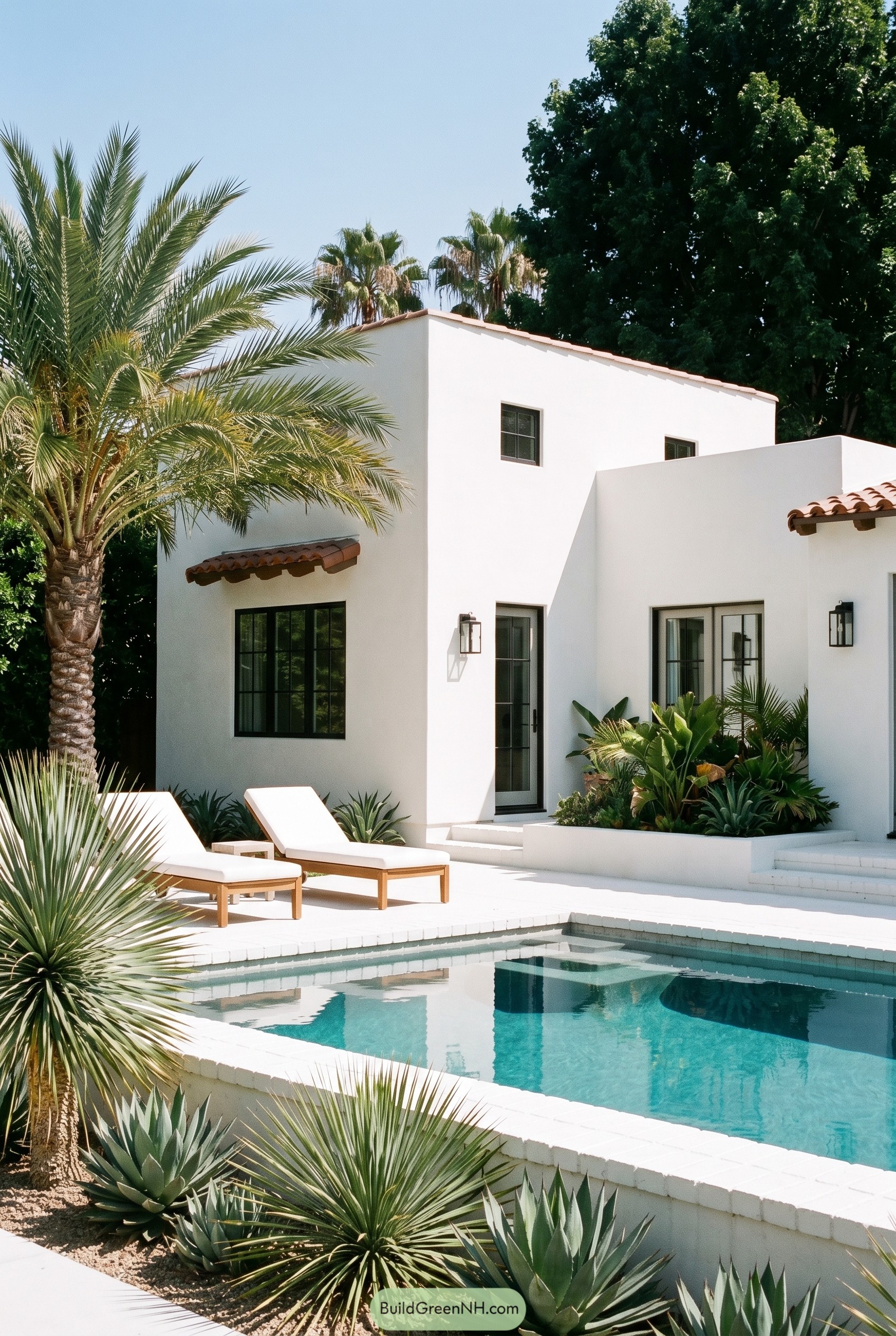 White stucco Mediterranean house beside a pool