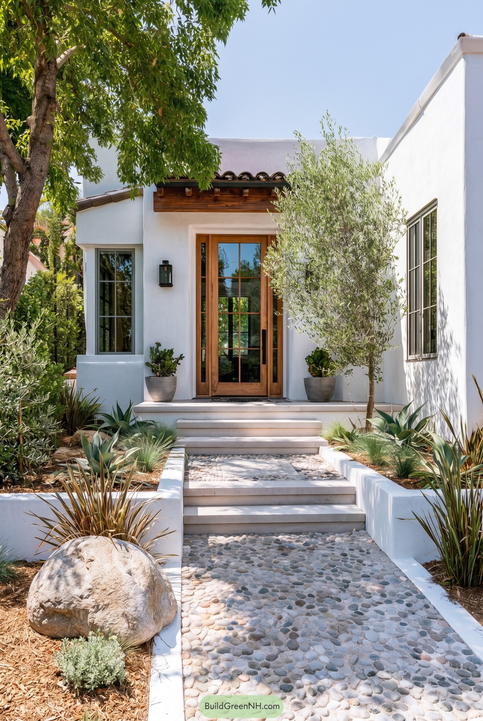 Modern Spanish entry with pebble path