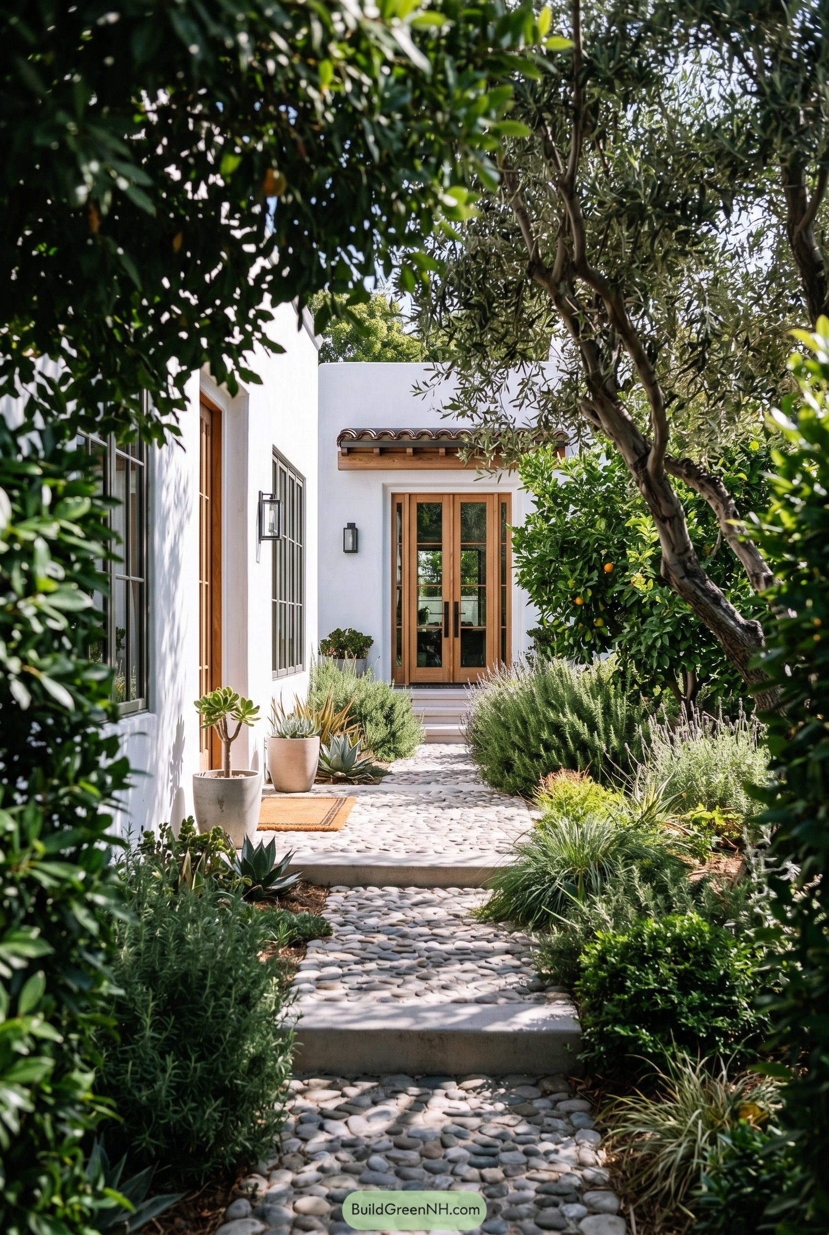 White stucco house with pebble garden path