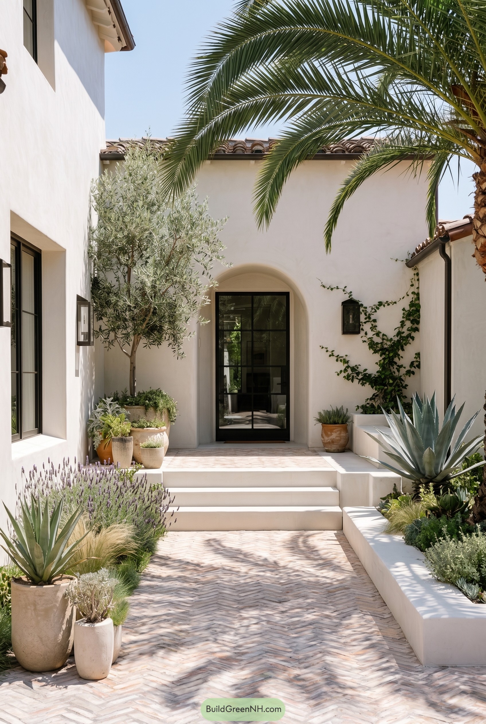 White stucco courtyard entry with palms and agaves
