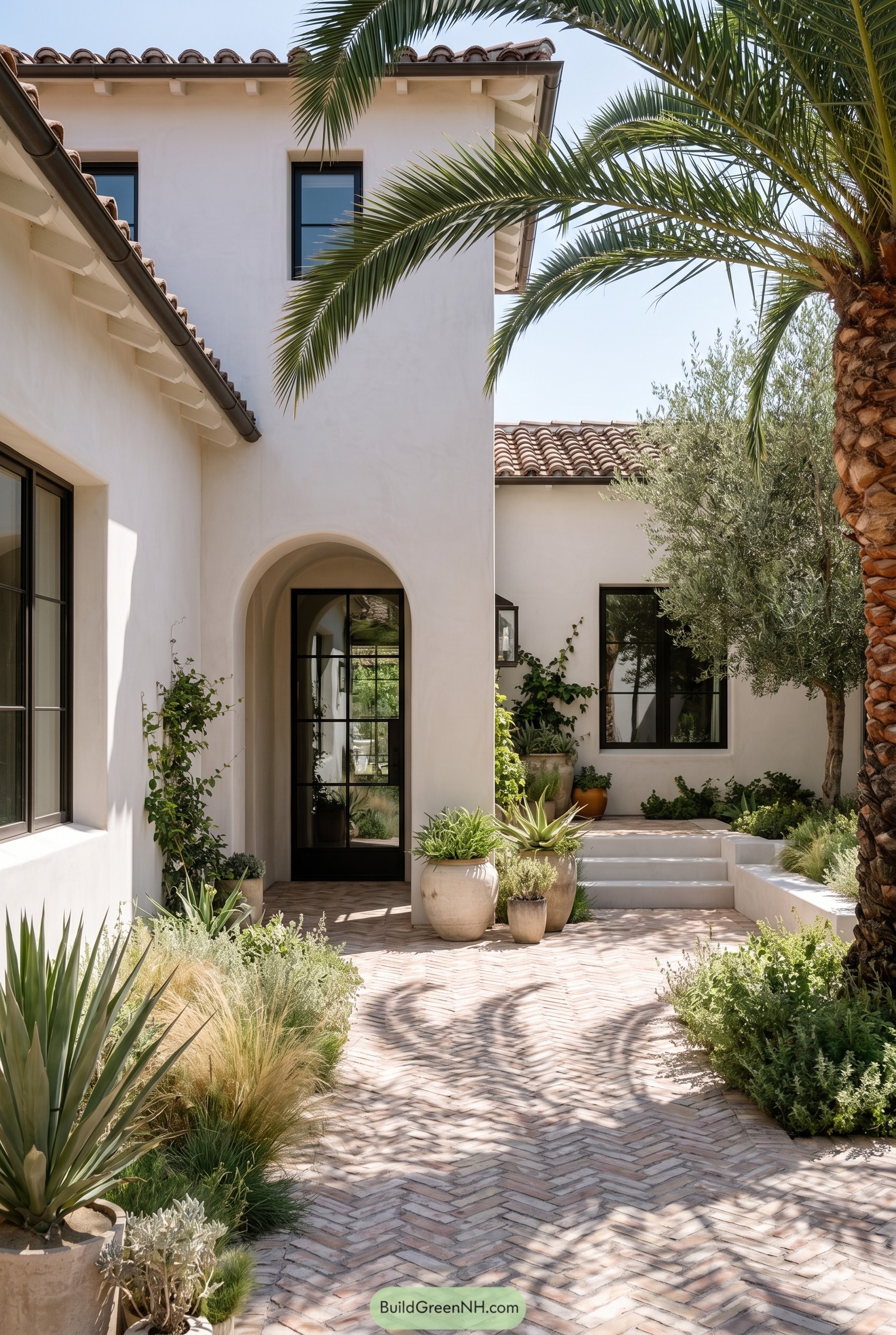 White stucco courtyard entry with arched doorway and brick paving