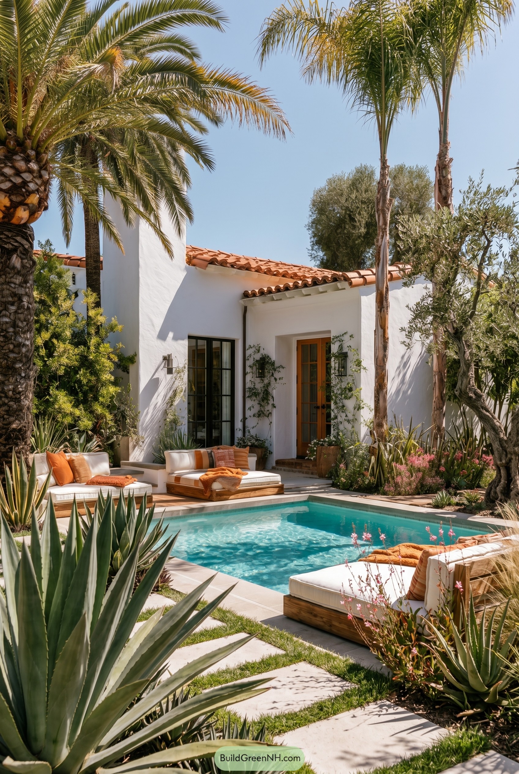 White stucco Spanish house with small pool and palms