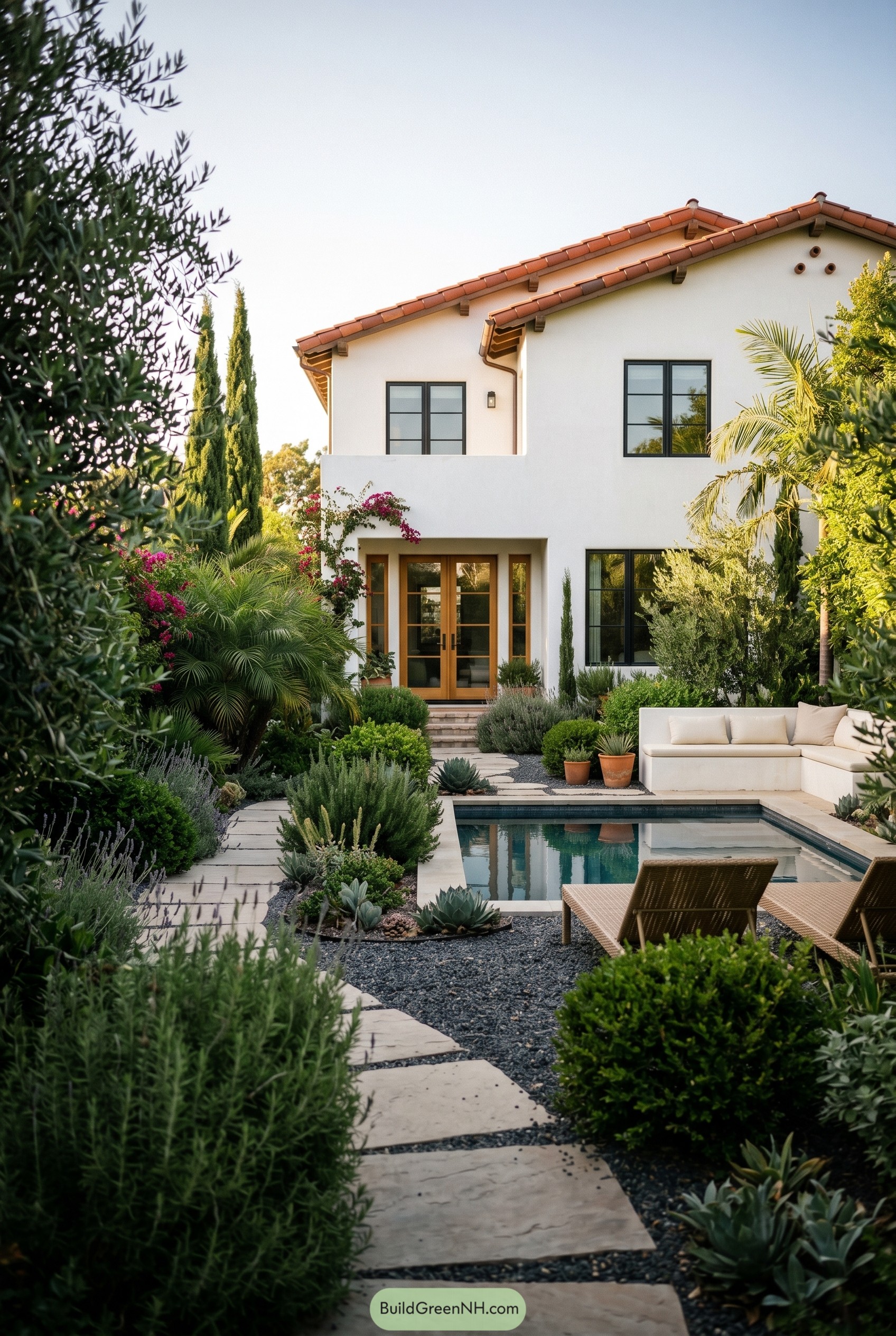 White stucco home with plunge pool and lush garden