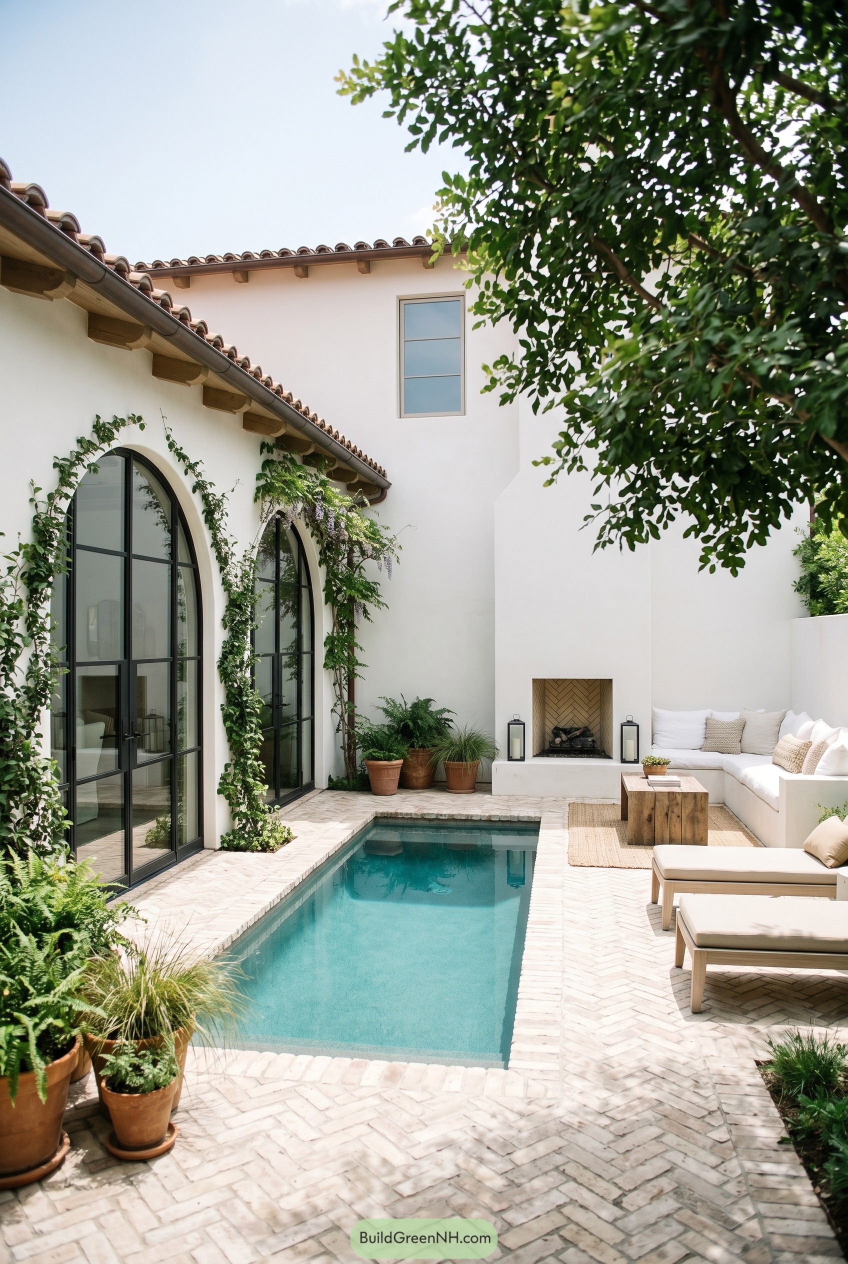 White stucco courtyard with plunge pool and arched doors