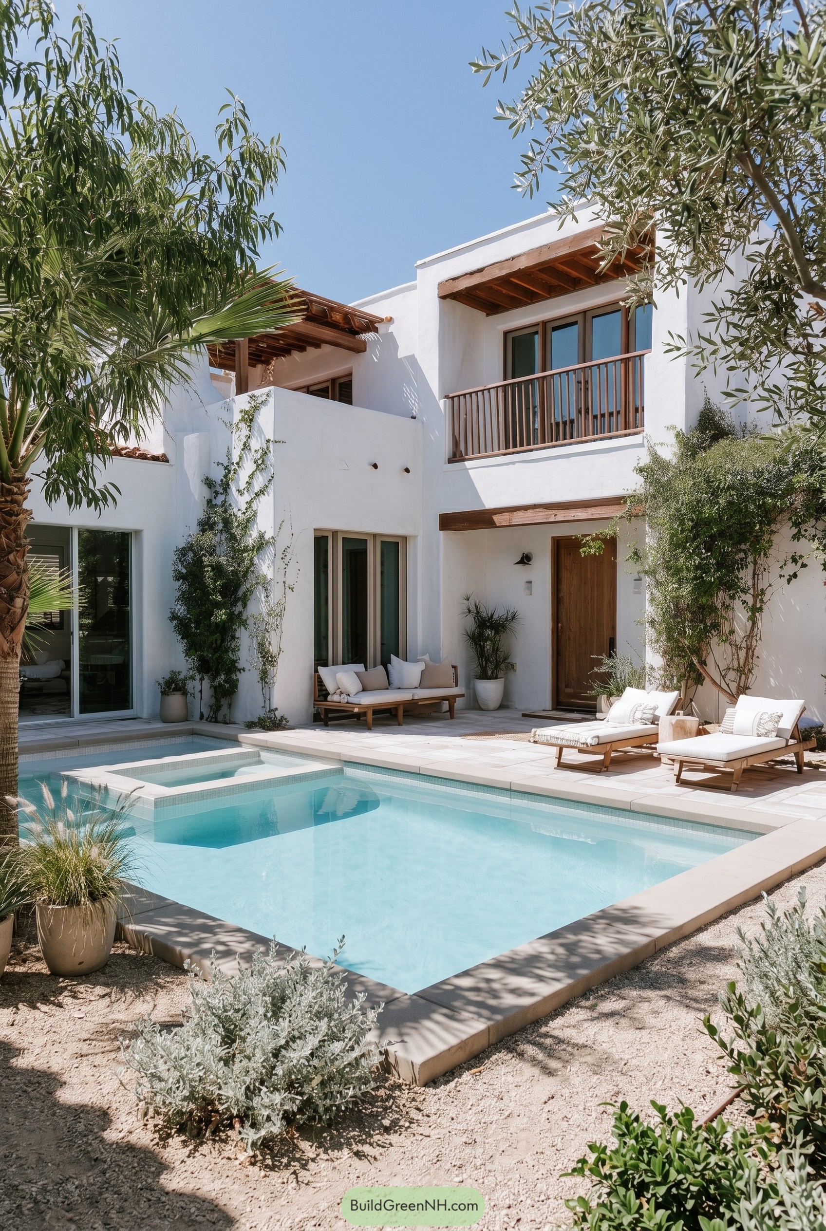 White stucco courtyard house with a small pool