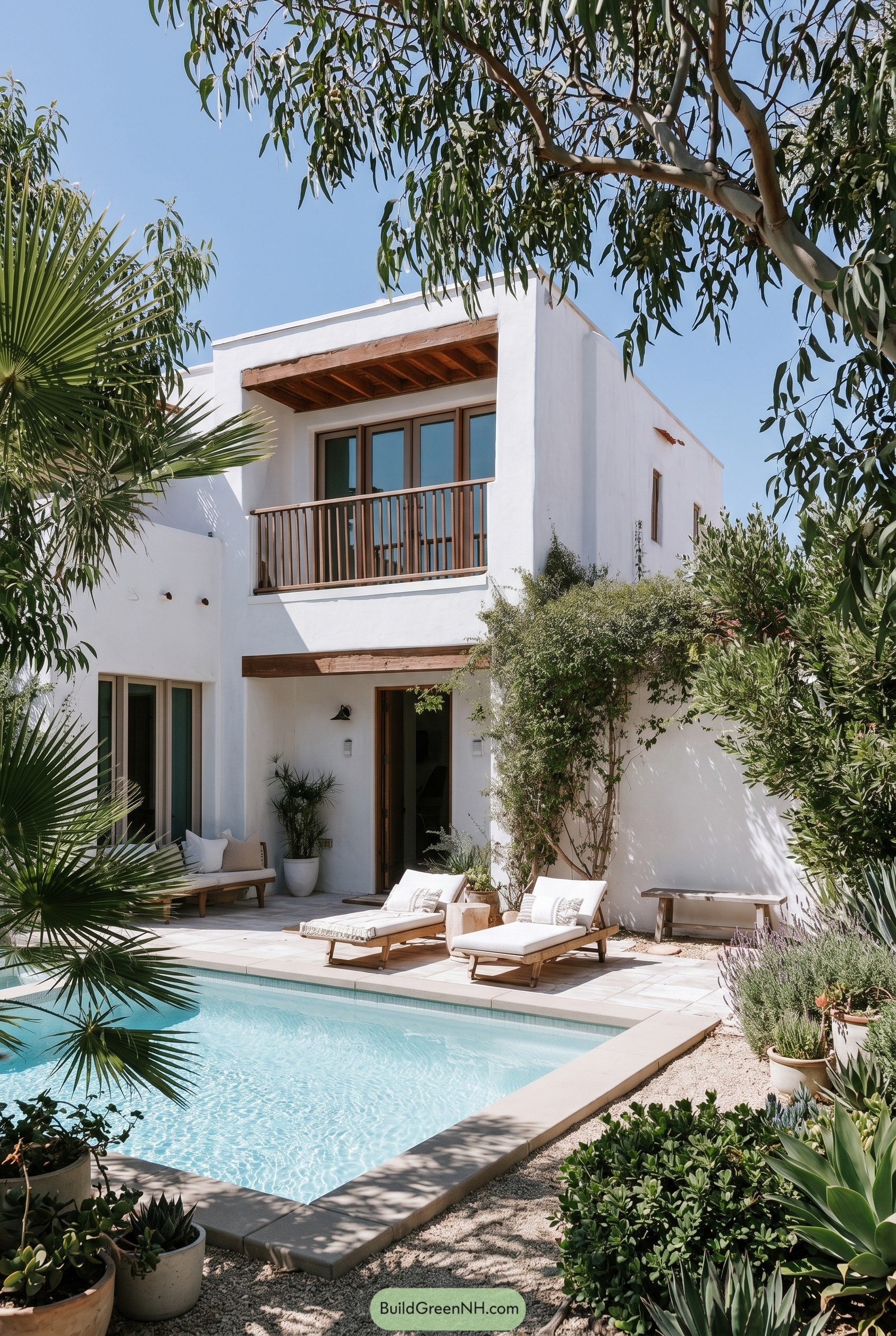 White stucco house with balcony and pool
