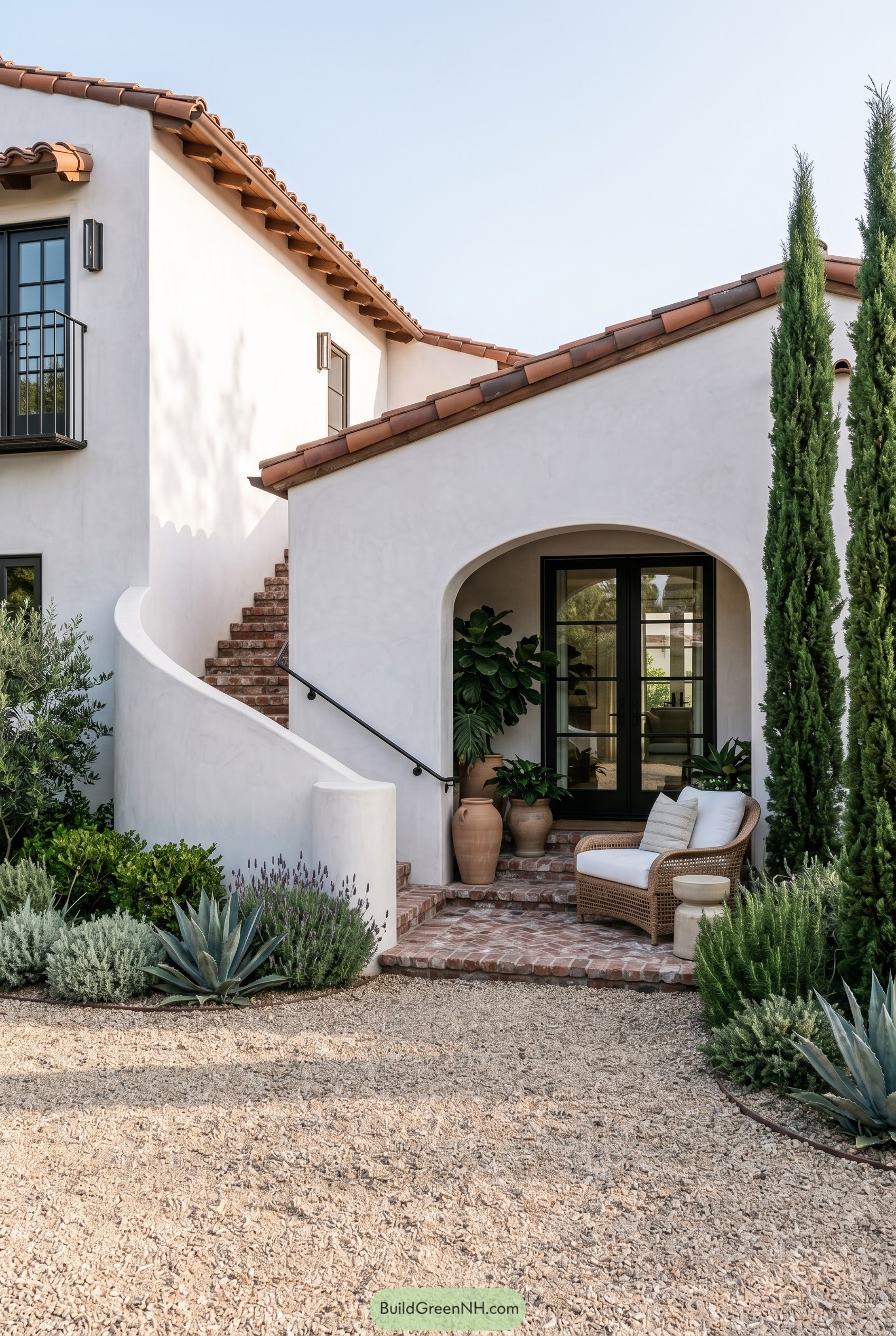 White stucco entry with curved stair and cypress