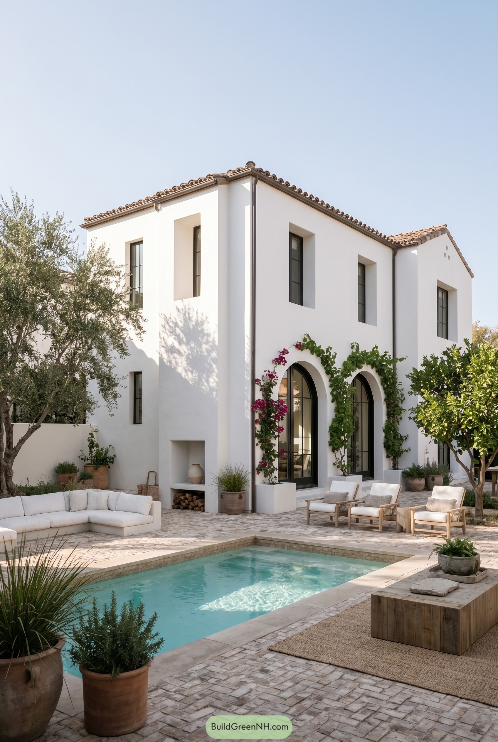 White Mediterranean house with arched doors and courtyard pool