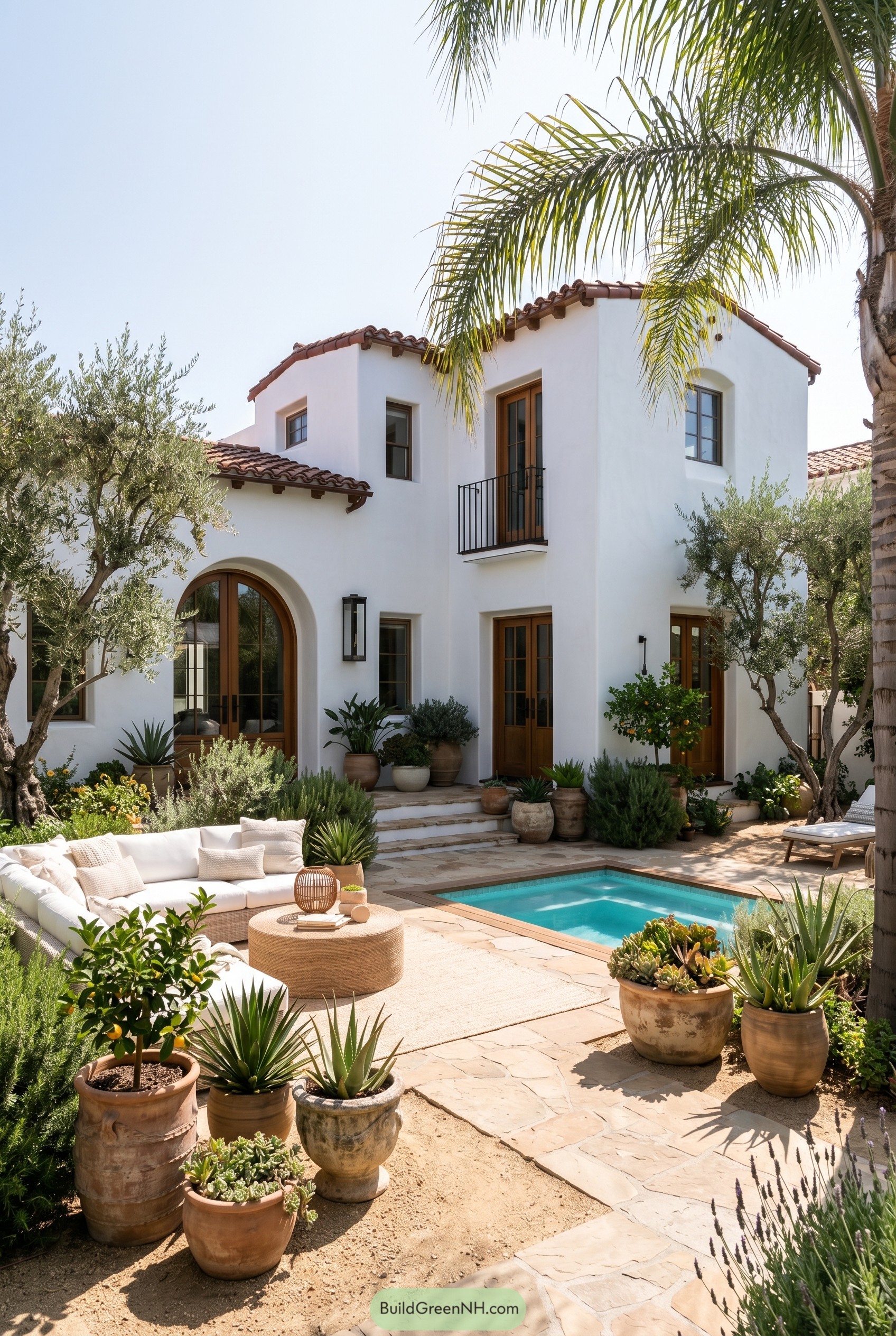 White stucco house with plunge pool and palms