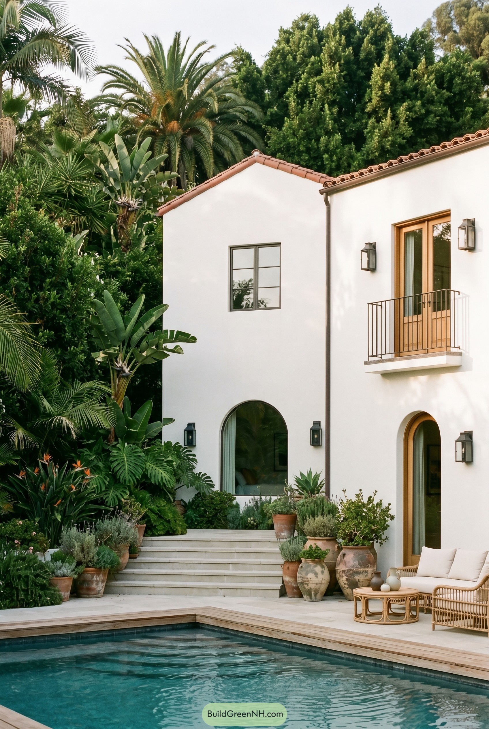 White stucco Mediterranean house beside a pool