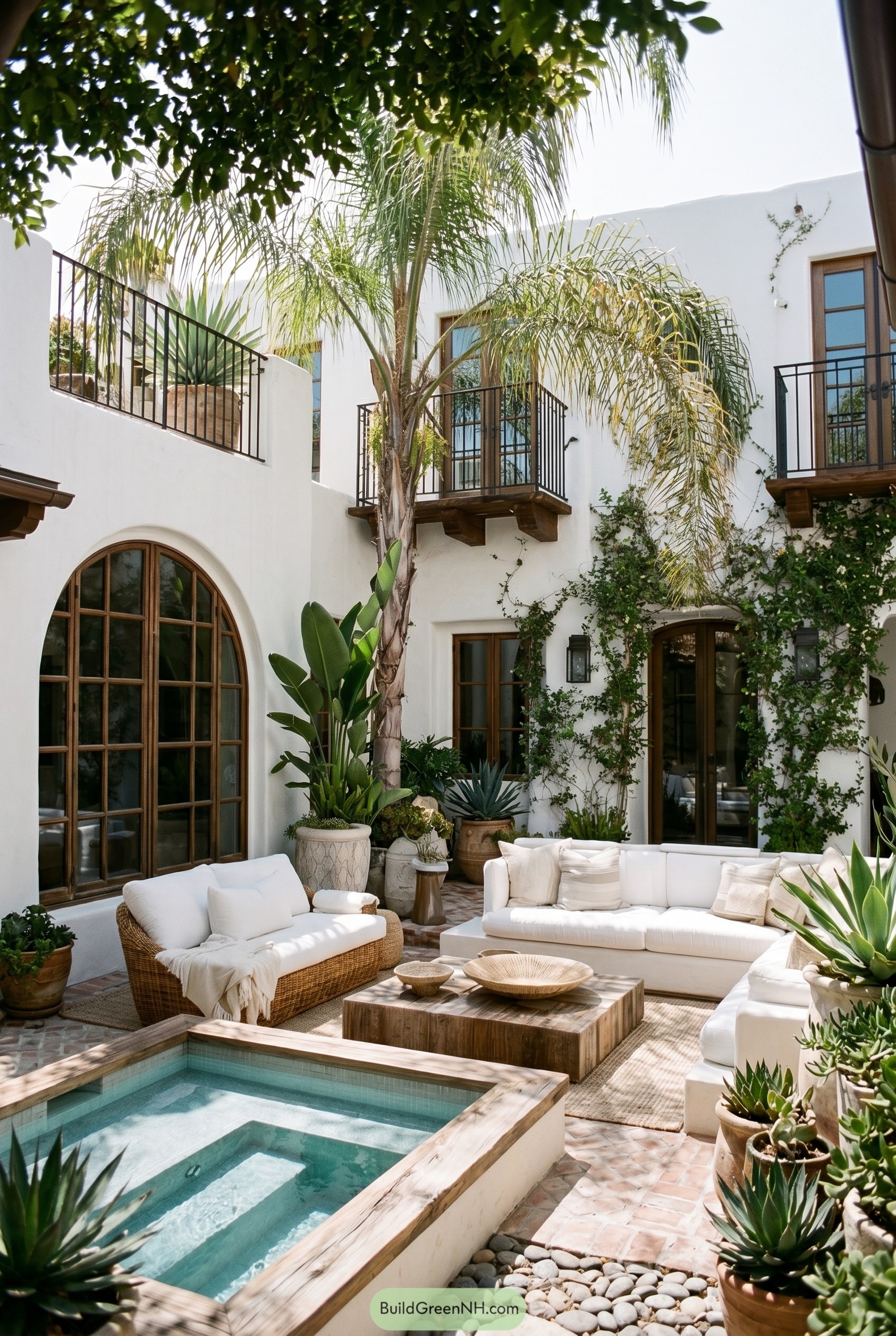 White stucco courtyard with plunge pool and palms