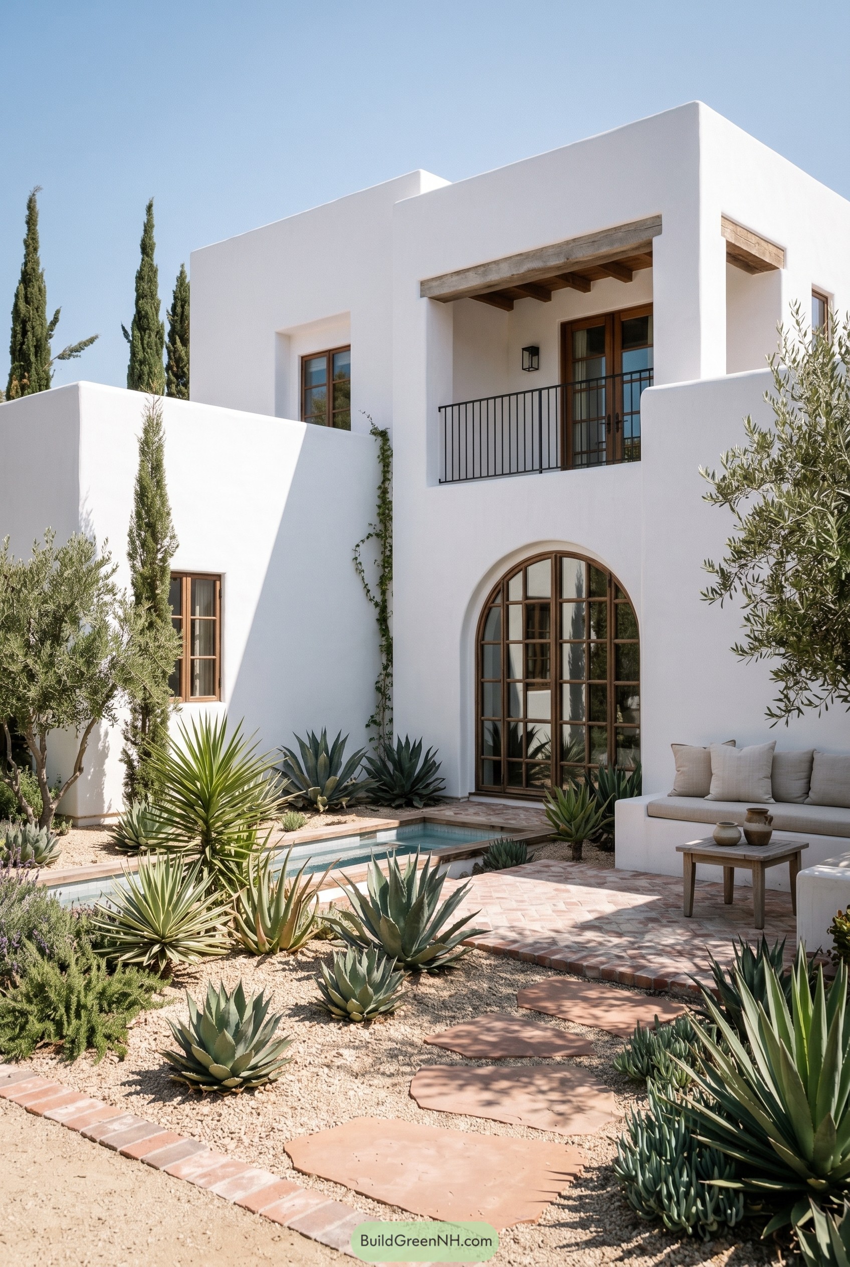 White stucco Mediterranean house with desert courtyard and narrow pool