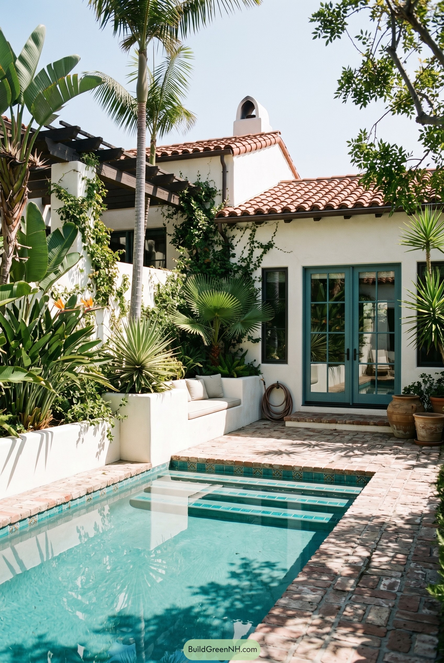 White stucco courtyard with narrow pool and teal French doors