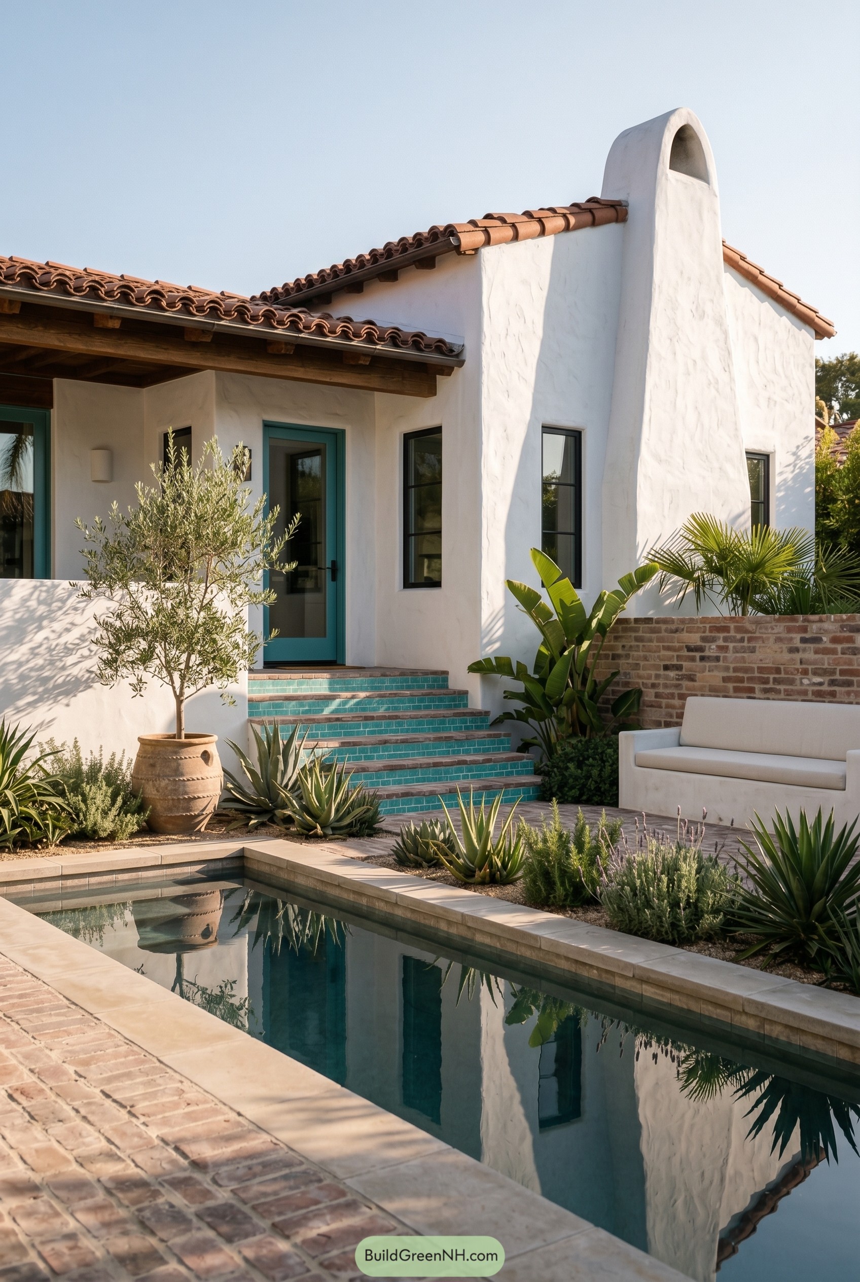 White stucco house with narrow pool and turquoise steps