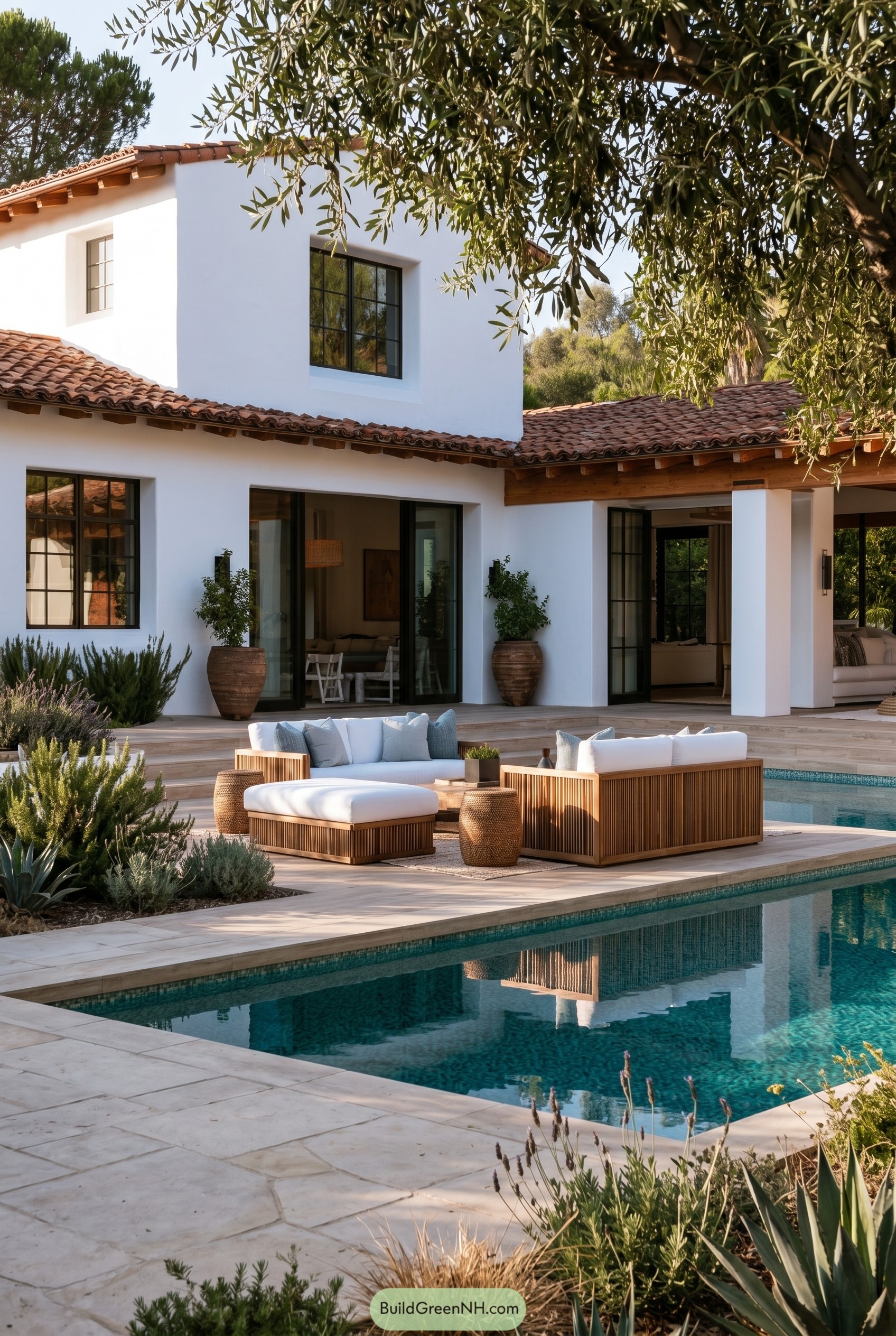 White stucco Mediterranean house with pool lounge