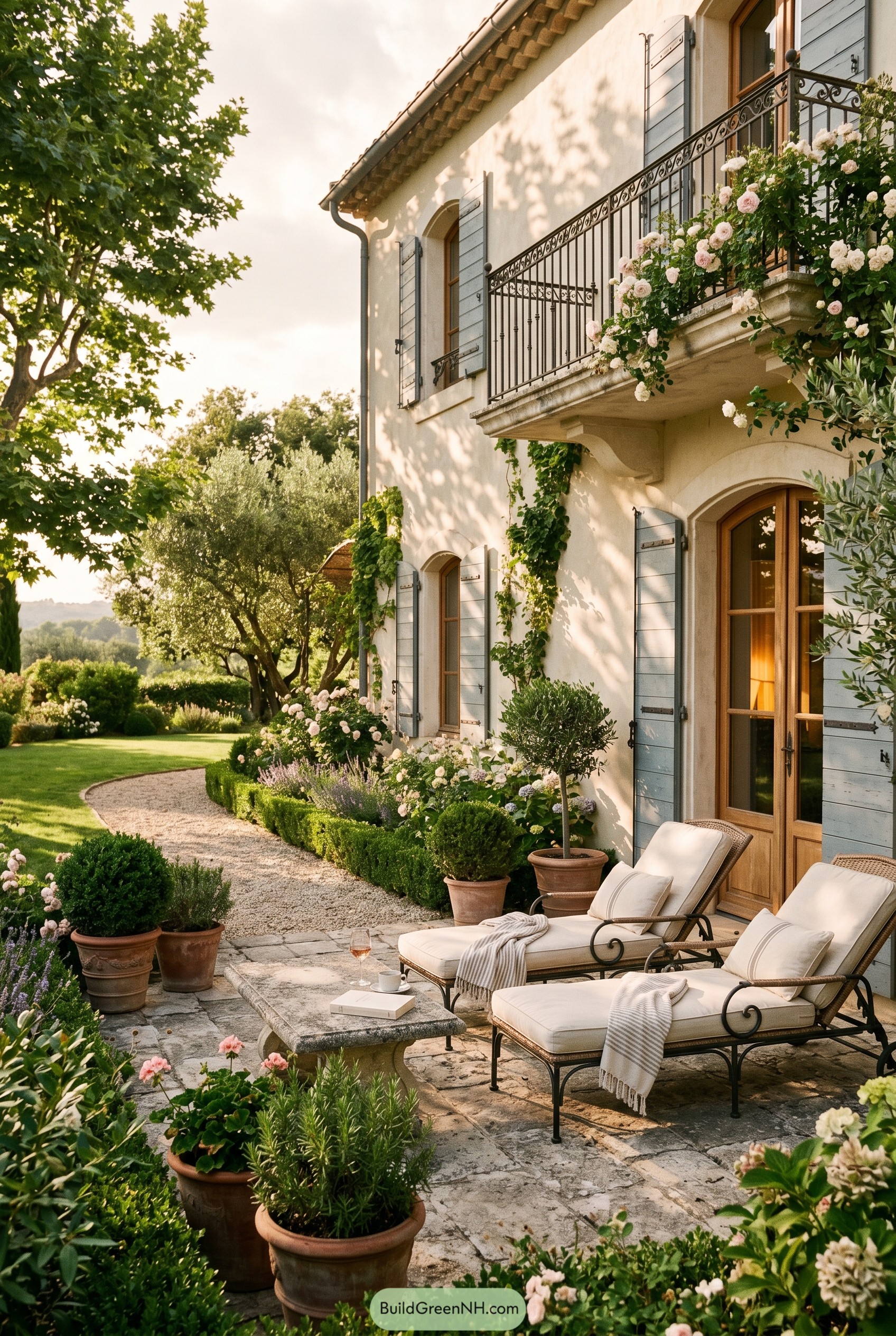 Classic villa terrace with blue shutters and roses