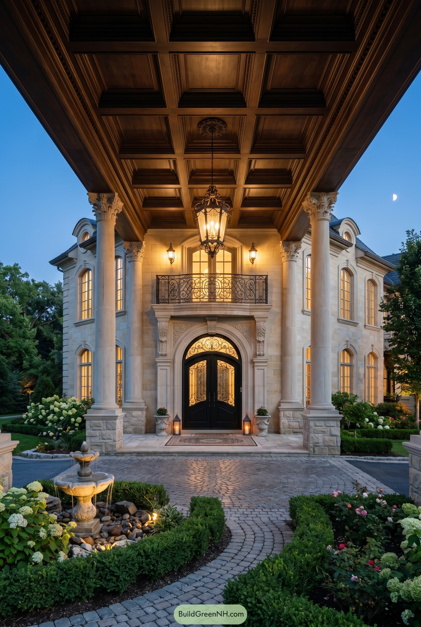 Grand stone villa entrance beneath coffered portico
