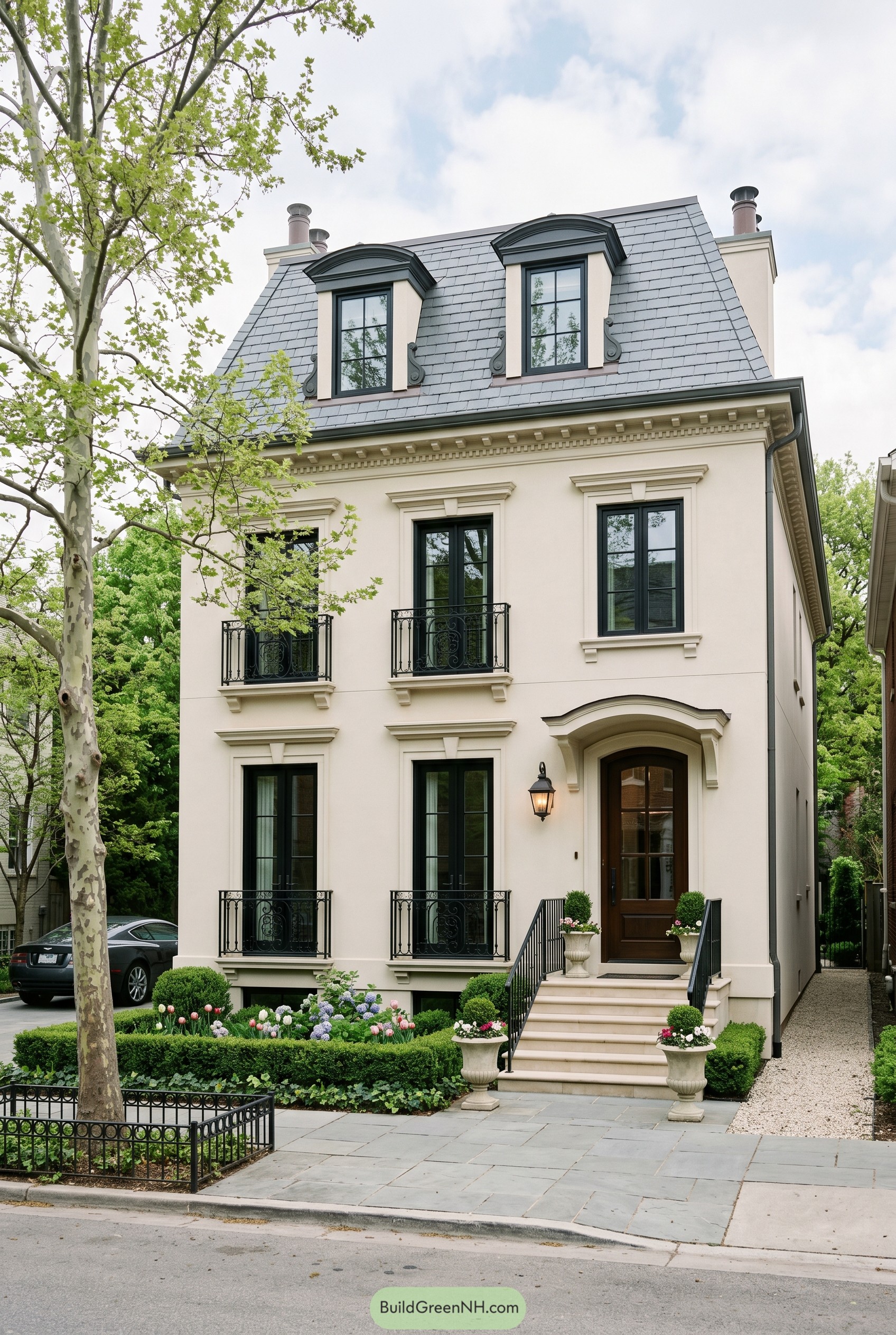 Cream townhouse with slate mansard roof