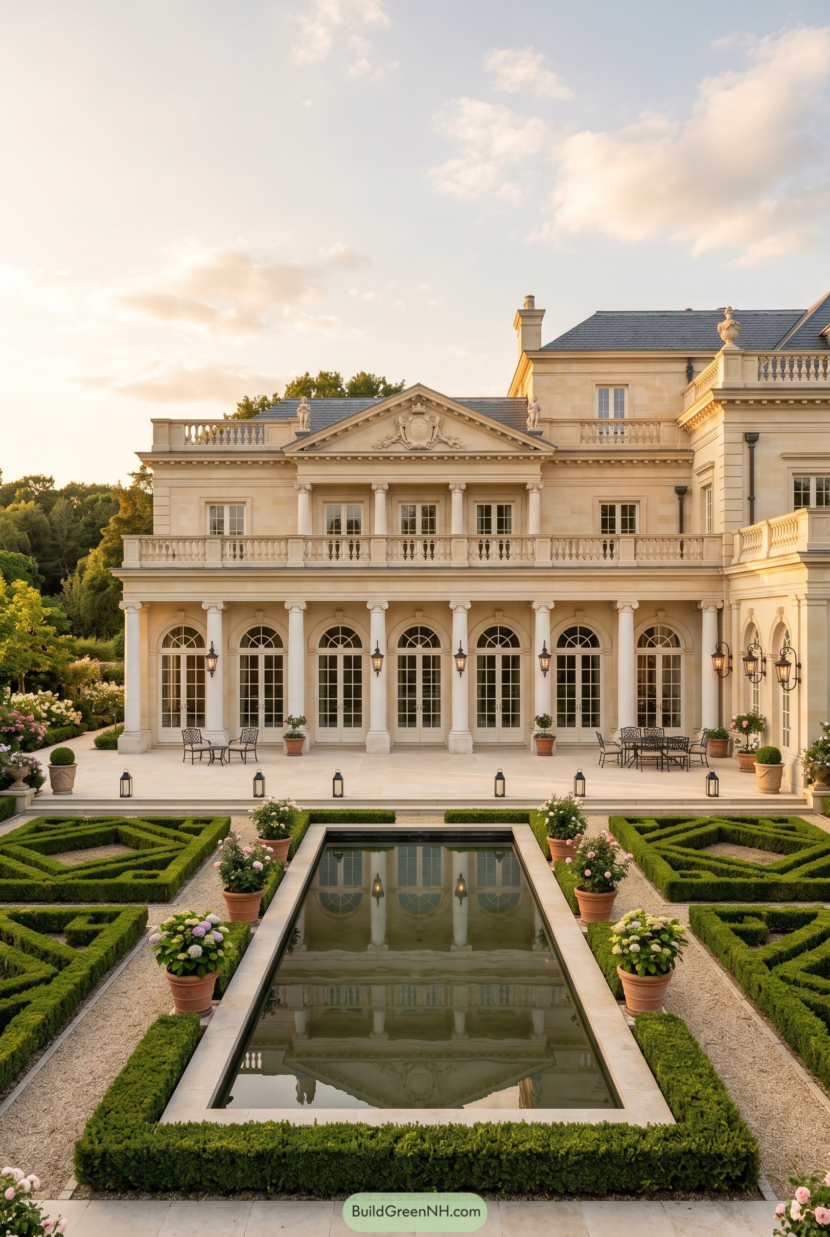 Cream stone villa with reflecting pool and parterre garden