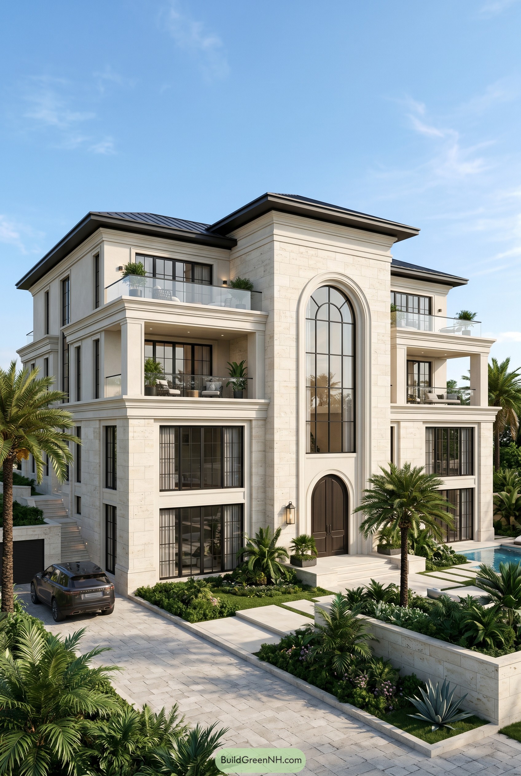 Cream stone villa with a tall arched window and balconies