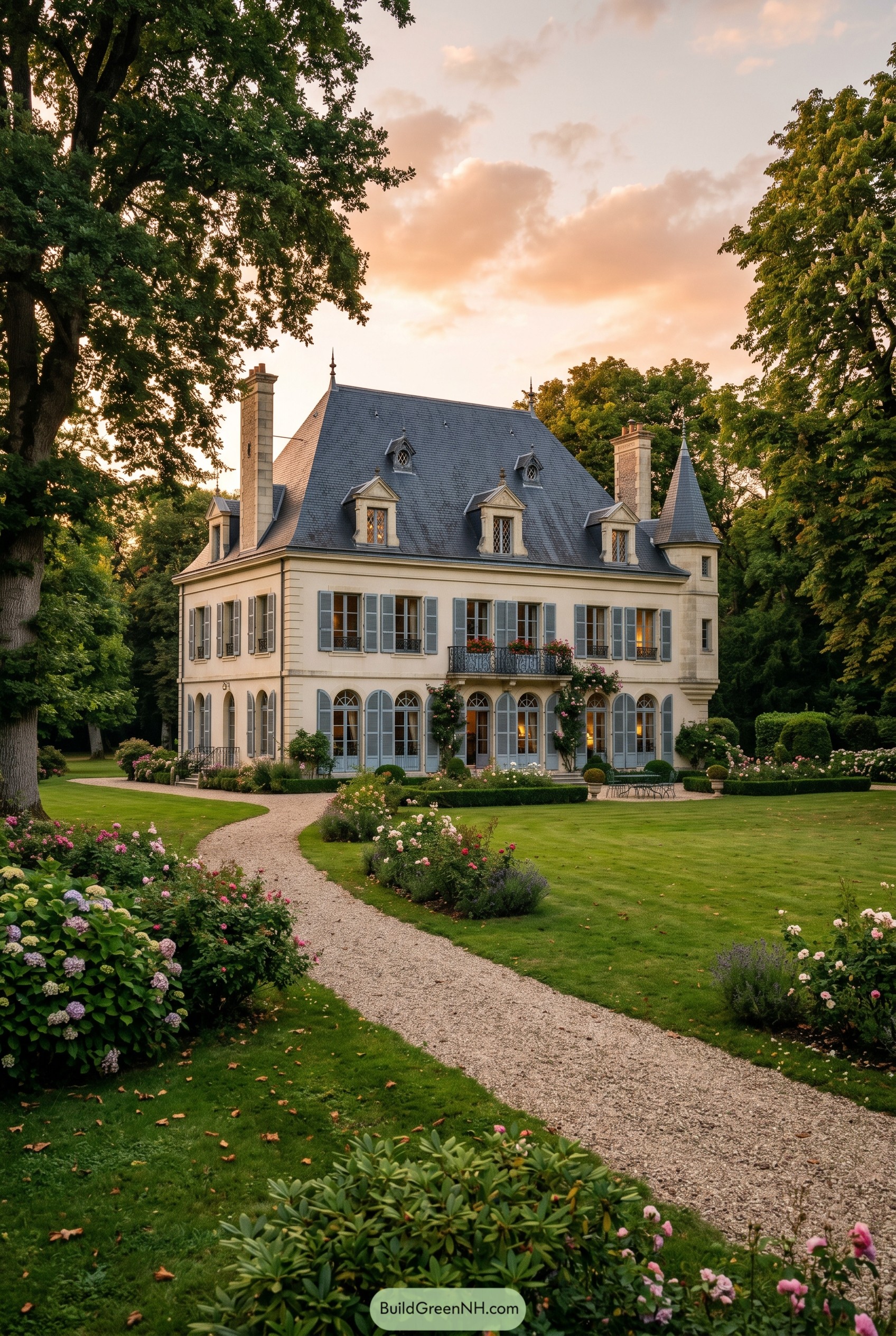 Classic French villa with slate roof and garden path