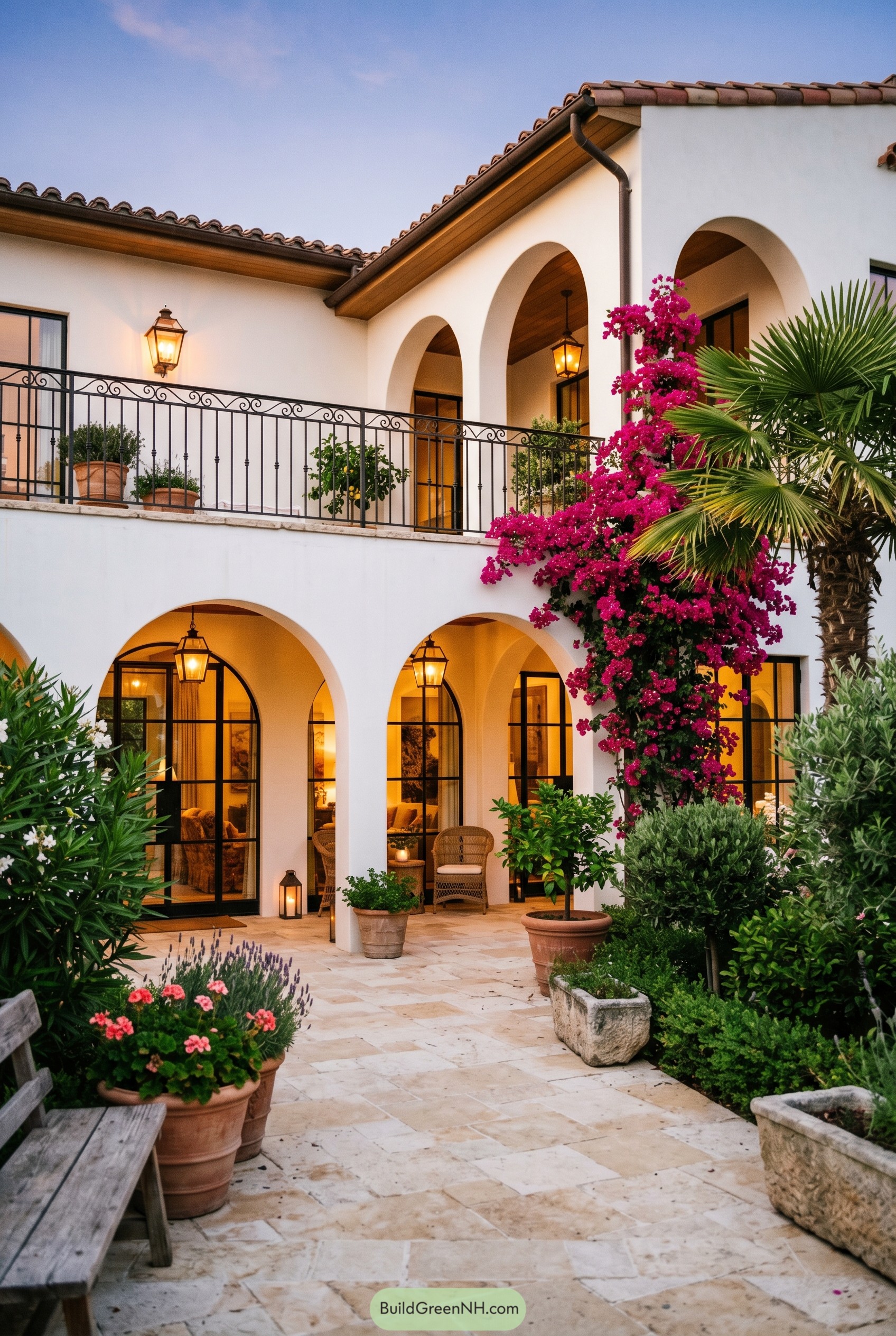 White stucco villa with arched courtyard and pink bougainvillea