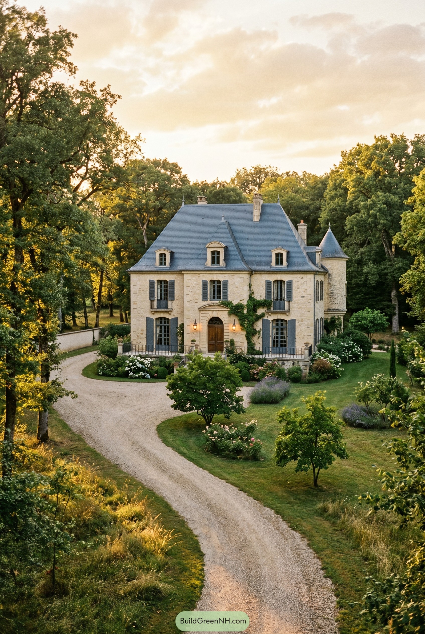 French chateau with slate roof and turret