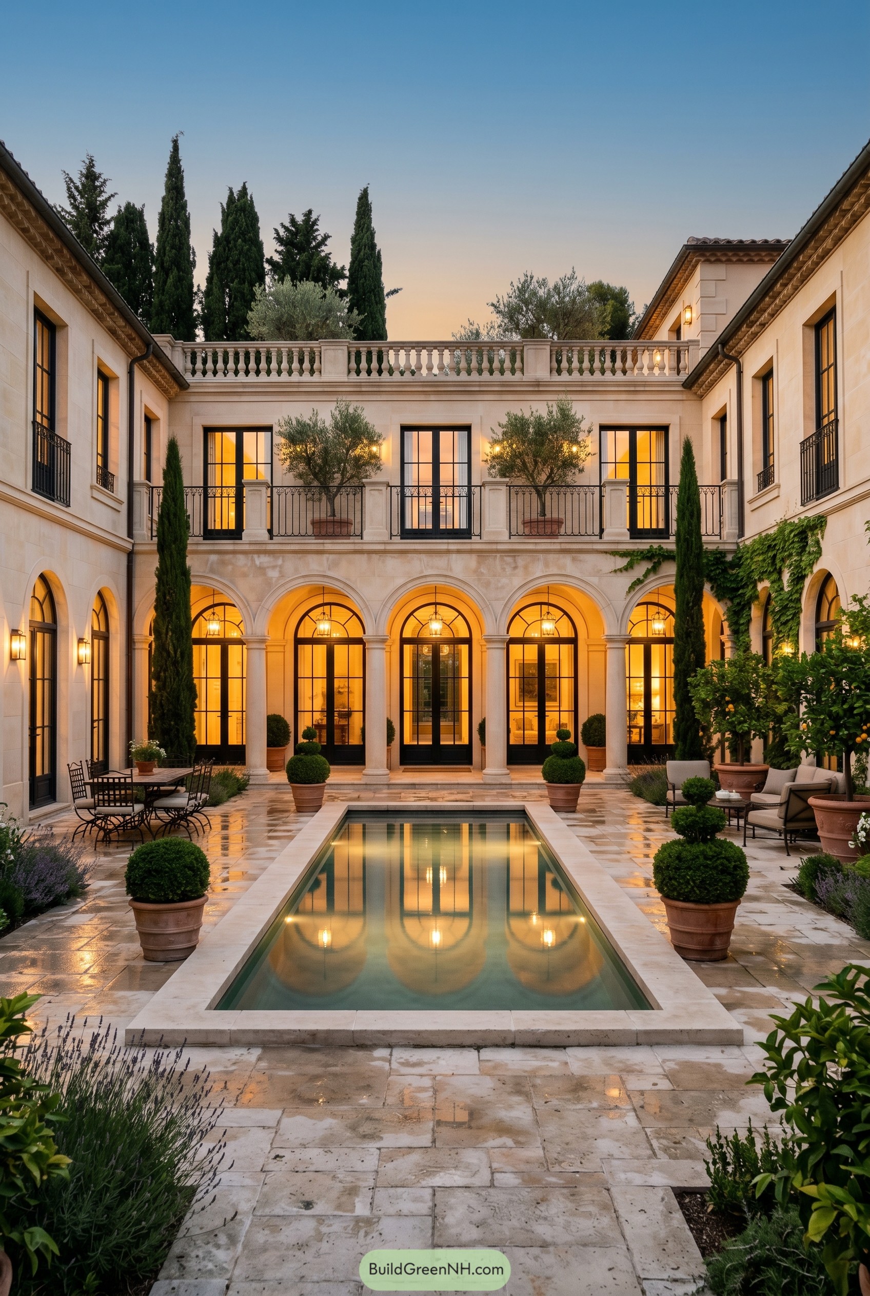 Classic courtyard villa with arches and reflecting pool