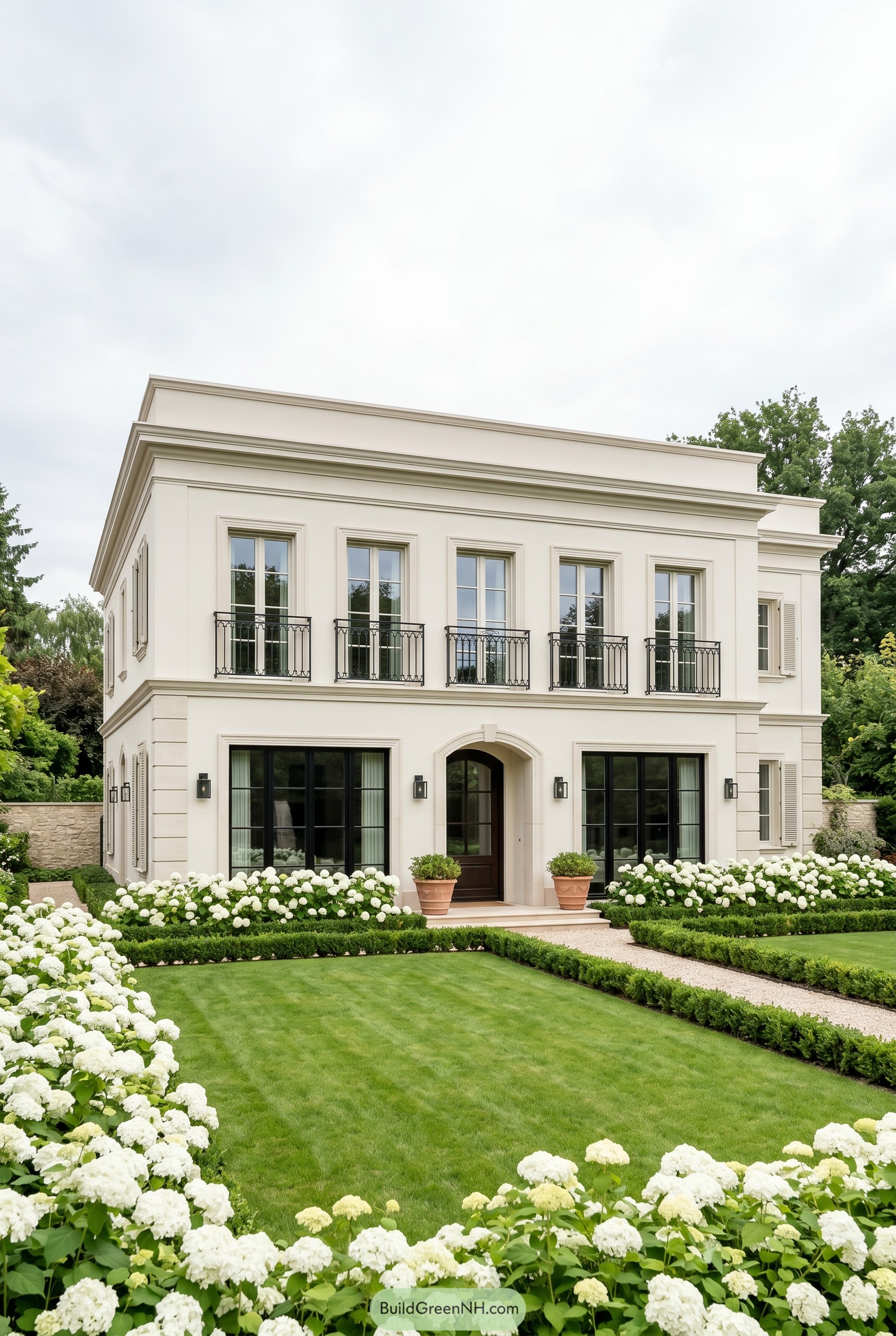 Cream neoclassical villa with boxwood garden